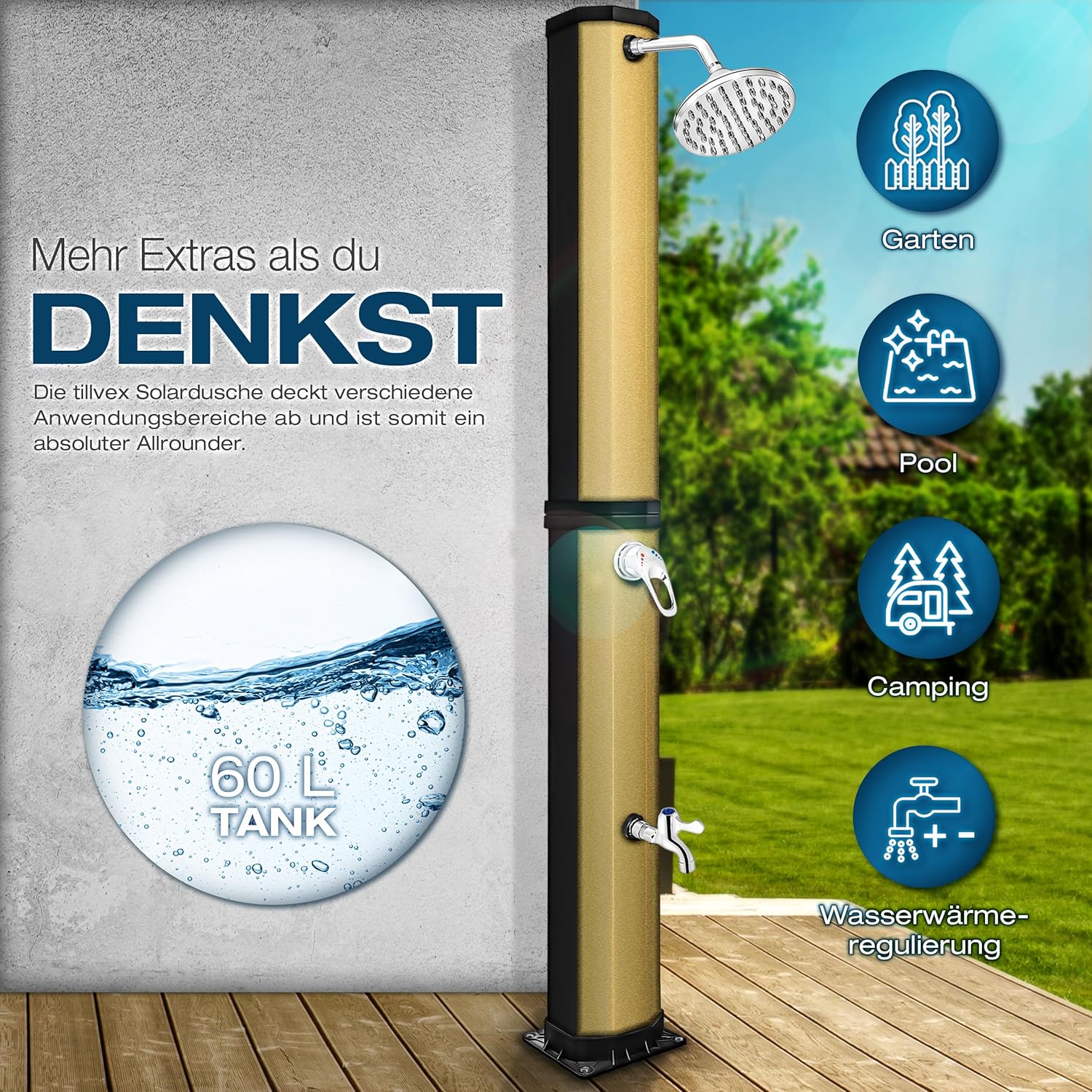 Thumbnail 1 de tillvex Solardusche 60 Liter inkl. Abdeckung – warme Gartendusche für Pool, Camping & Garten ohne Stromanschluss