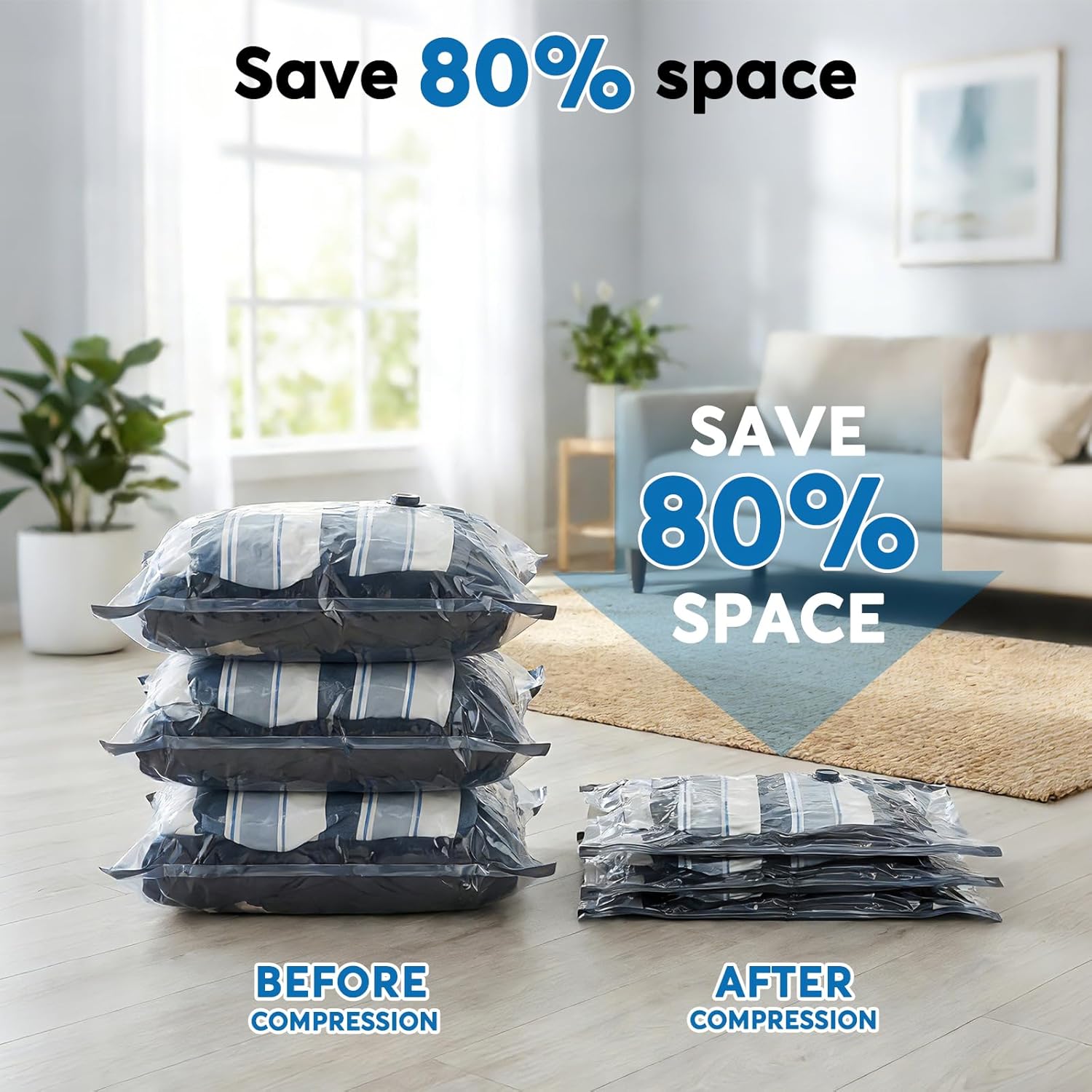 Detalle 2 de Mapambo Travel Vacuum Bags with -60000Pa LED Electric Pump, 15-Pack (3 Sizes) for Clothing, Space-Saving Vacuum Storage