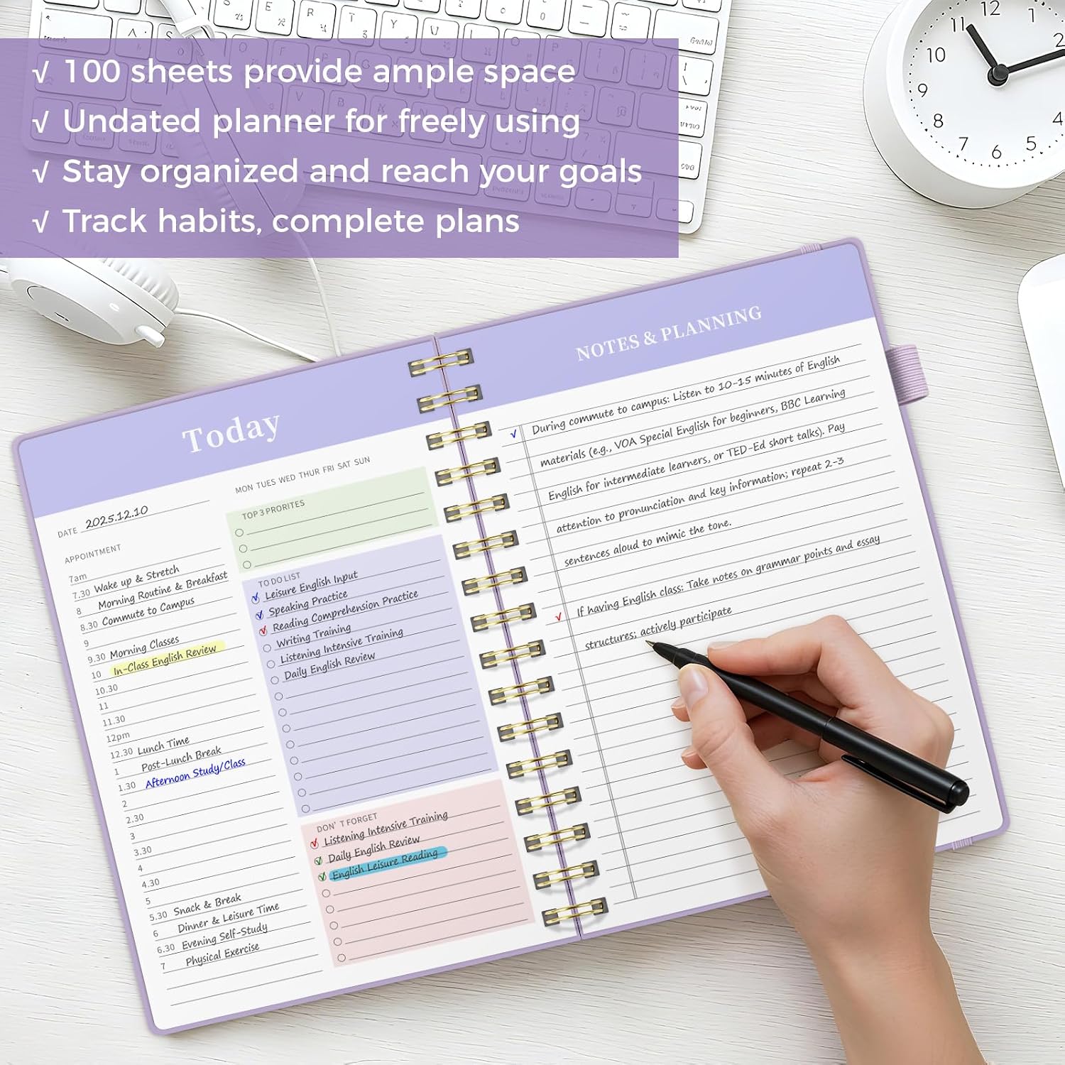Detalle 1 de Umriox Daily Planner Undated A4 with Hourly To-do Schedules (Purple)