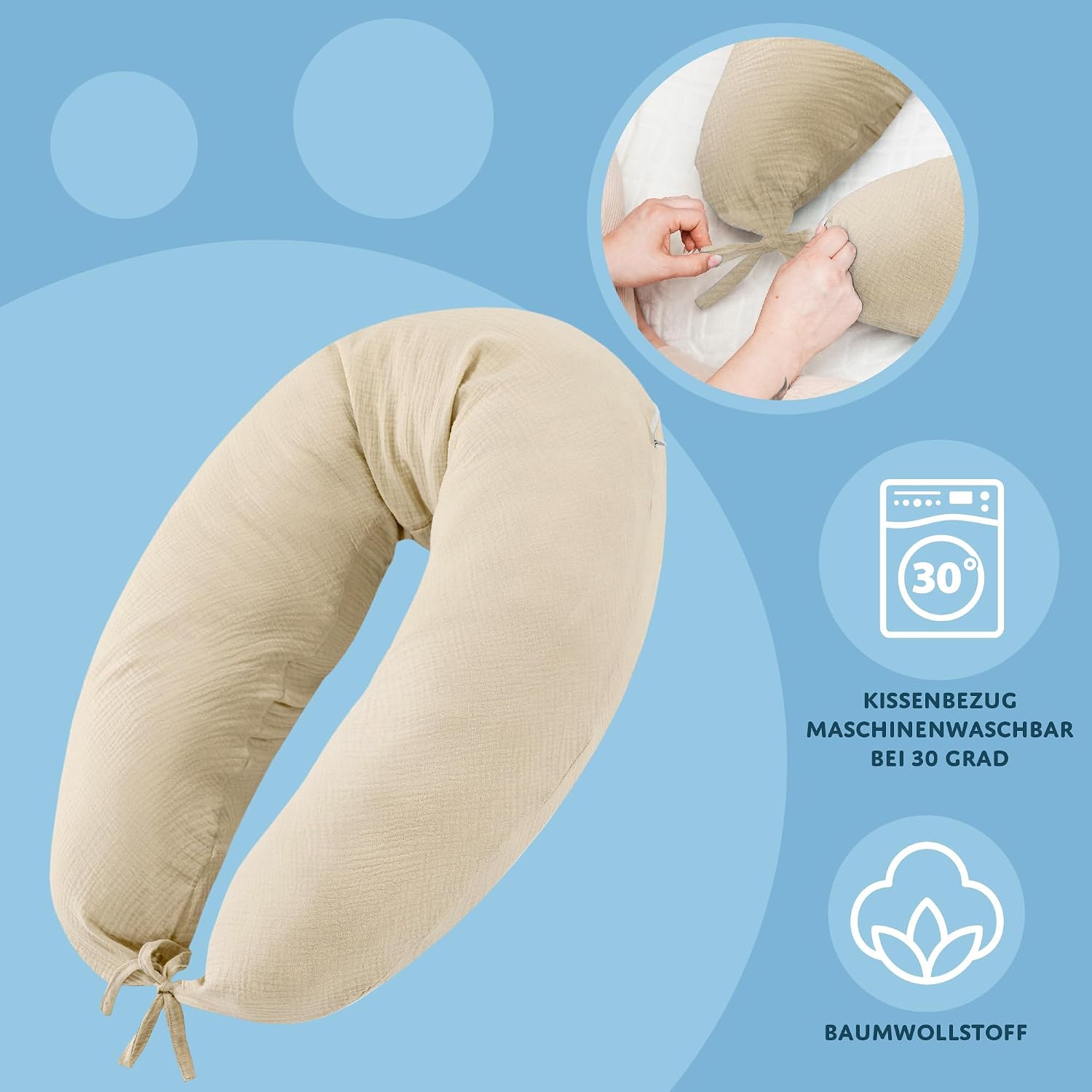 Detalle 2 de Totsy Baby Seitenschläferkissen (190 cm) mit Musselin-Bezug – Pregnancy Pillow für Seitenschläfer