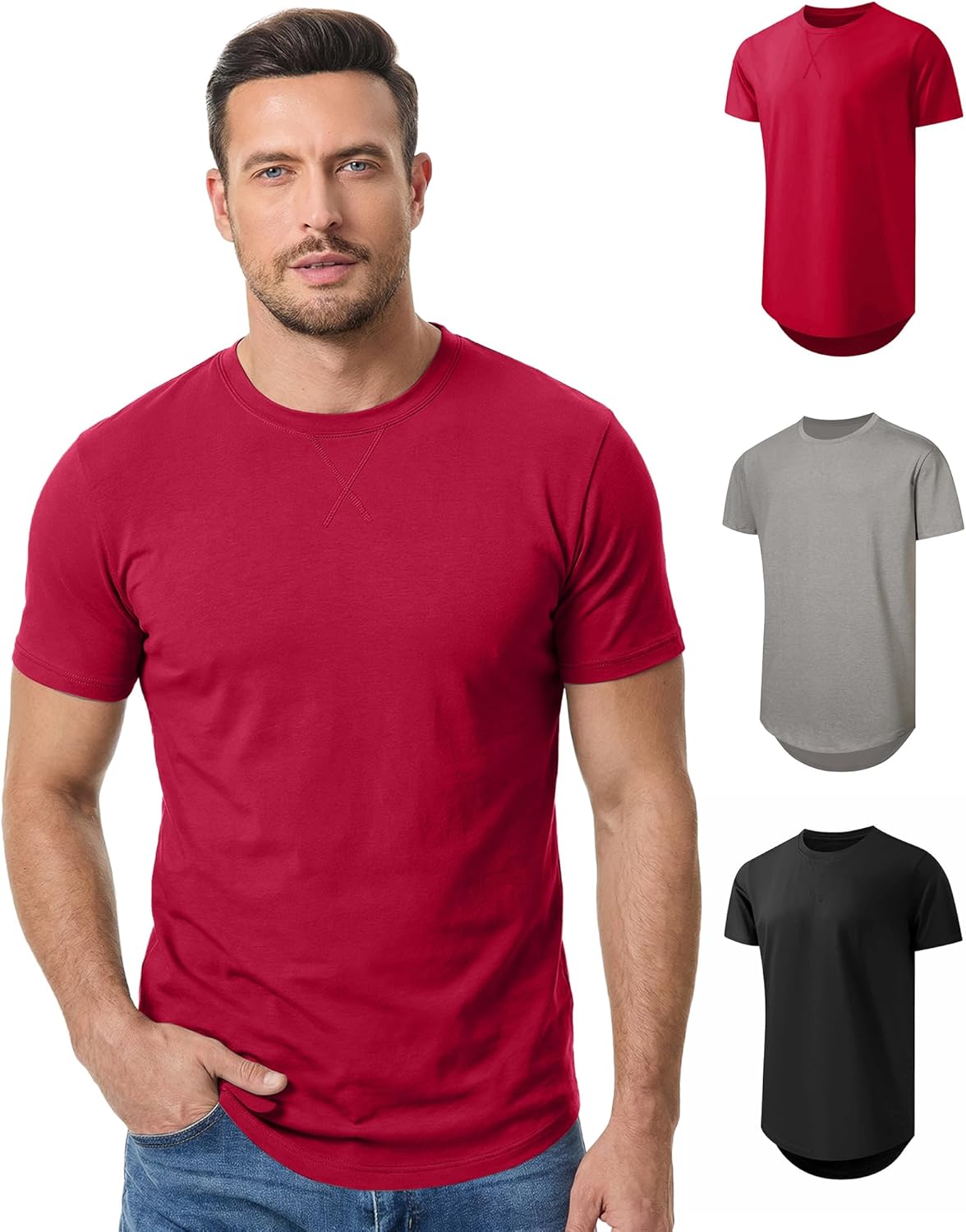 Thumbnail 1 de JMIERR Men's 3 Pack Cotton Hipster Longline Crewneck T-Shirts