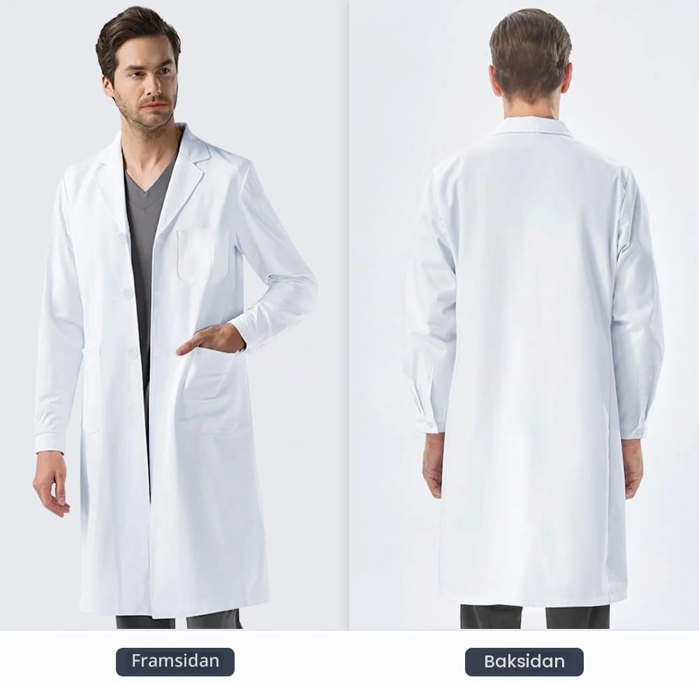 Detalle 2 de AUYAO labbrock för vuxna, unisex i vitt med tre fickor och knappmanschetter