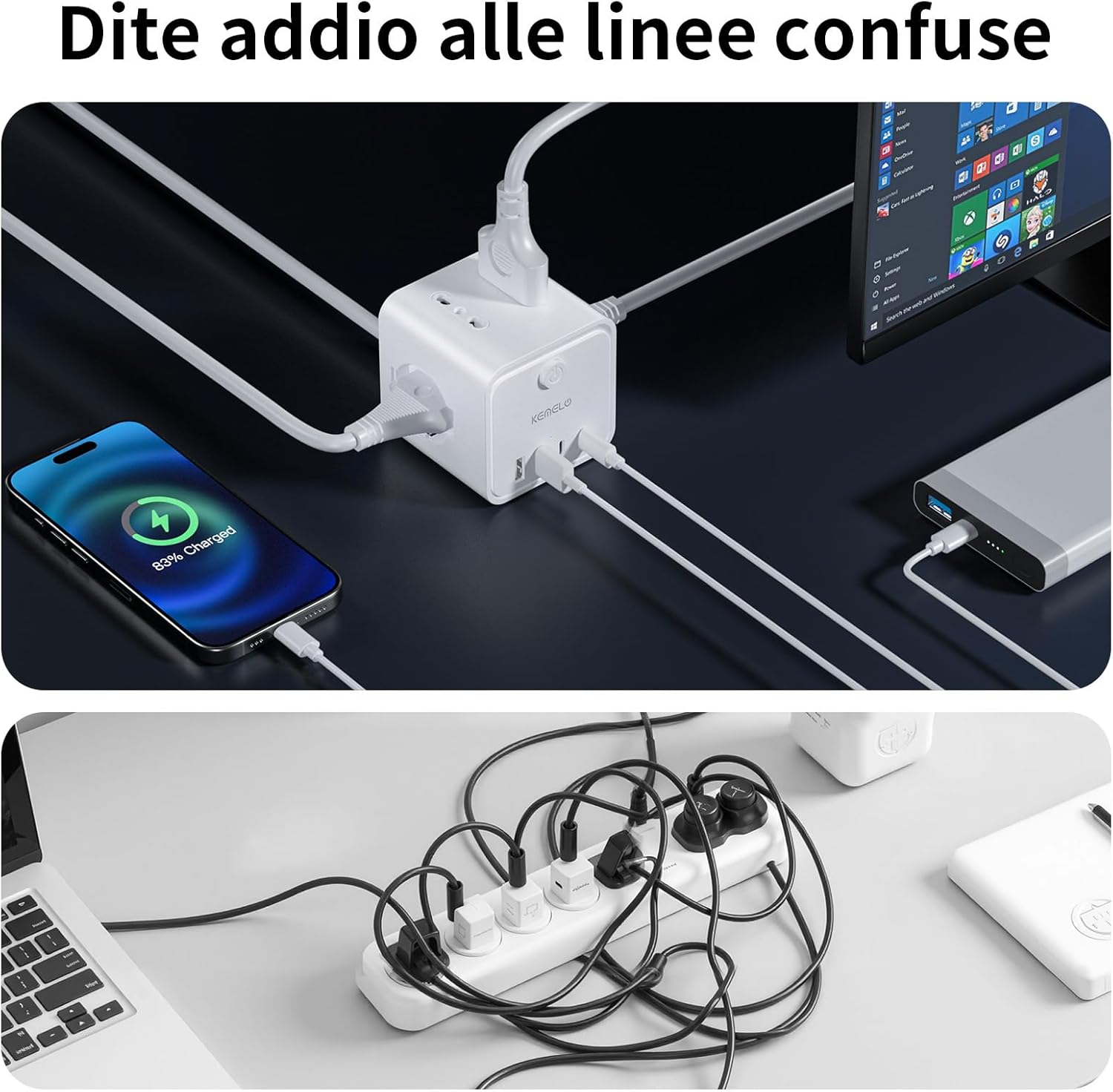 Thumbnail 3 de Ciabatta Elettrica Multipresa con 4 prese universali 10/16A, 2 USB-A + 2 USB-C e 3 m di prolunga (spina piatta salvaspazio) – kit nero con interruttori