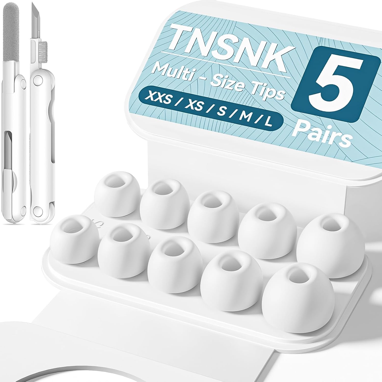 Detalle de TNSNK Ersatz-Ohrstöpsel für AirPods Pro 3 (2025) – 5 Paar, Silikon, Anti-Slip, inkl. Reinigungskit & Organizer (XXS–L) Weiß