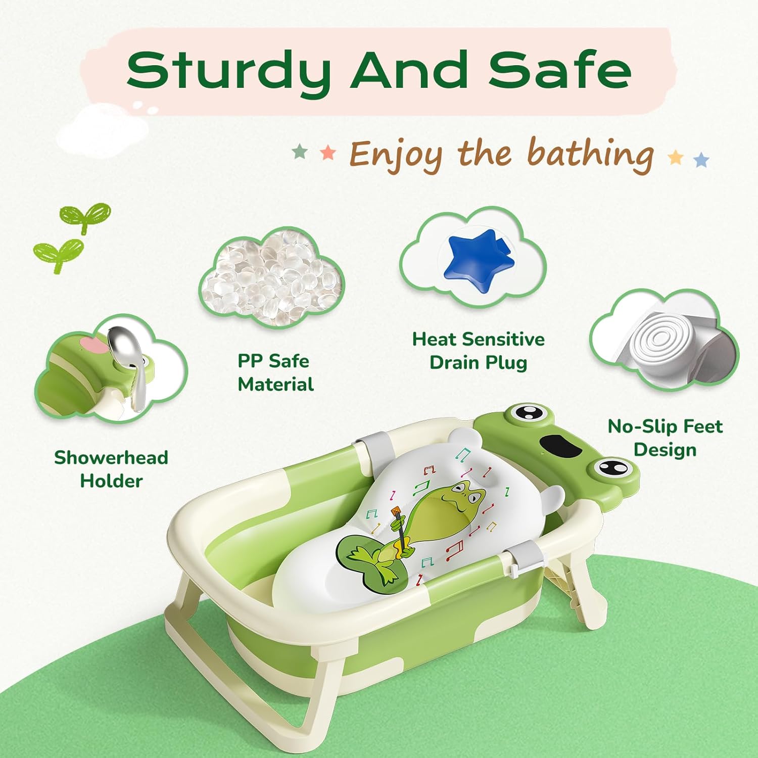 Detalle de COOSEYA Faltbare Babybadewanne Grün (Frösch-Design) – für 0–18 Monate, inkl. Stützkissen und Temperaturansage