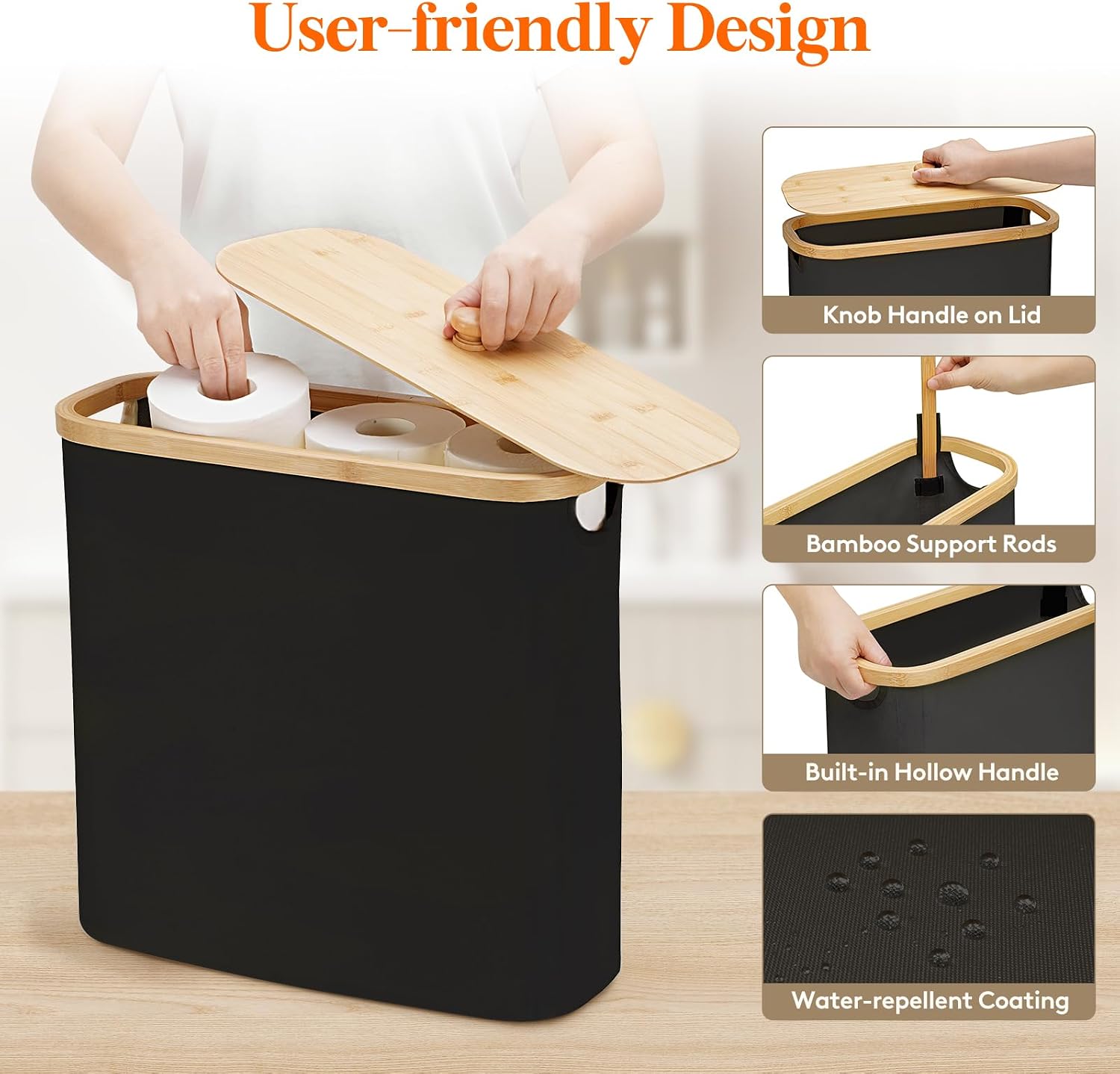 Thumbnail 3 de Lifewit 23225 Toilet Paper Storage Basket, 30L, Black with Bamboo Lid