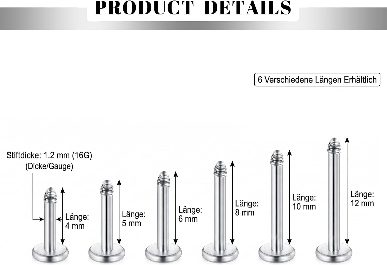 Detalle de CIZME Labret Piercing 16G 1,2 mm Chirurgenstahl Silber Set – 12 Stäbe + 14 Kugeln