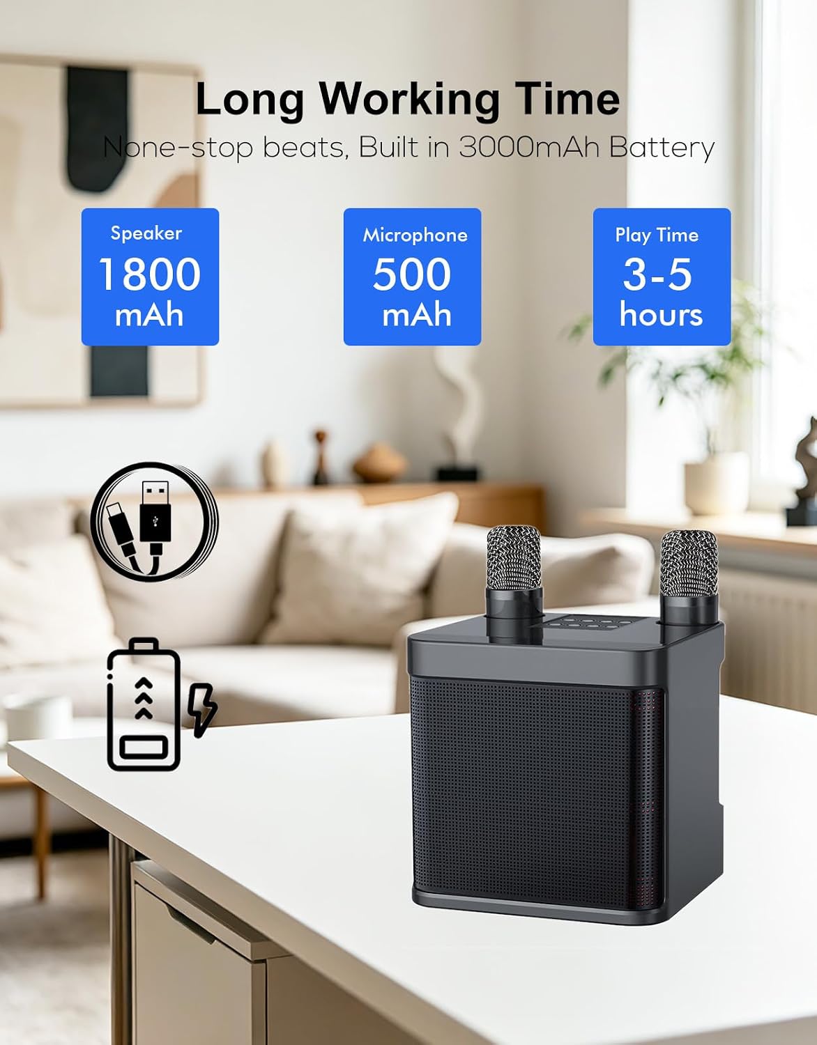 Detalle 2 de MUMUWIND MMF-203B karaokeluidspreker met 2 draadloze microfoons, Bluetooth en USB