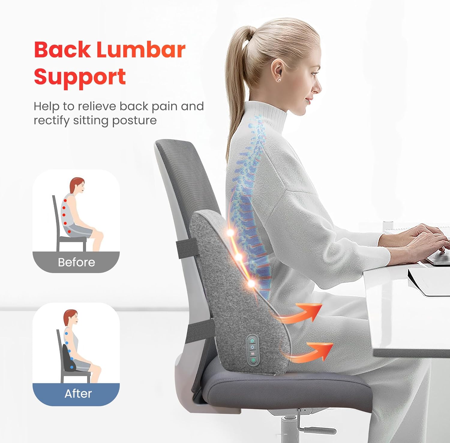 Thumbnail 3 de COMFIER massaggiatore schiena Shiatsu per sedia da ufficio con calore (cuscino cervicale, collo, spalle e lombare)