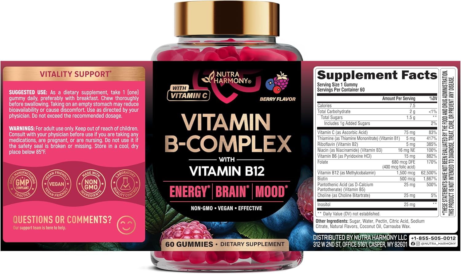 Detalle 2 de NUTRAHARMONY B-Complex Gummies, Vegan Mixed Berry with B12 and Vitamin C