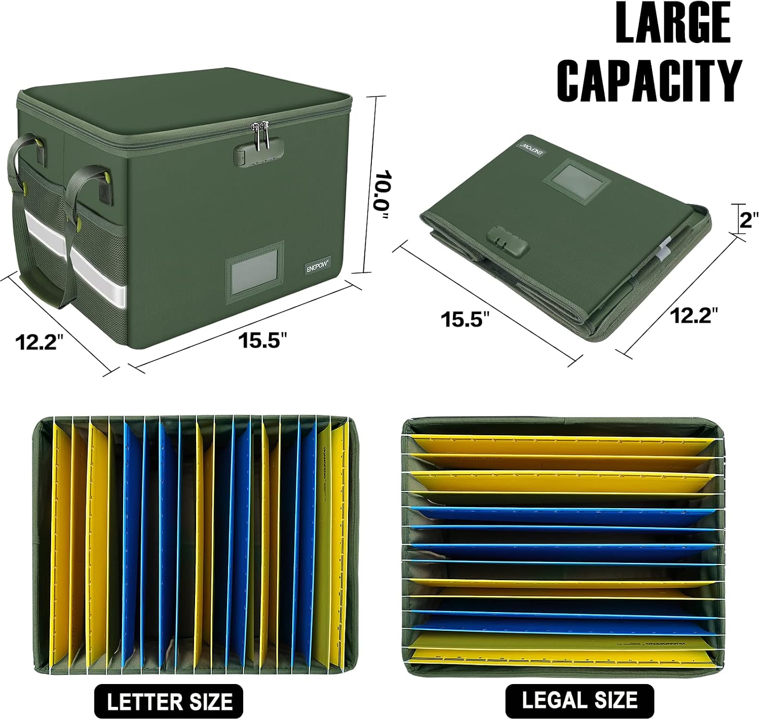 Detalle 1 de ENGPOW EG0021 Fireproof File Box with Combination Lock, Collapsible, Green