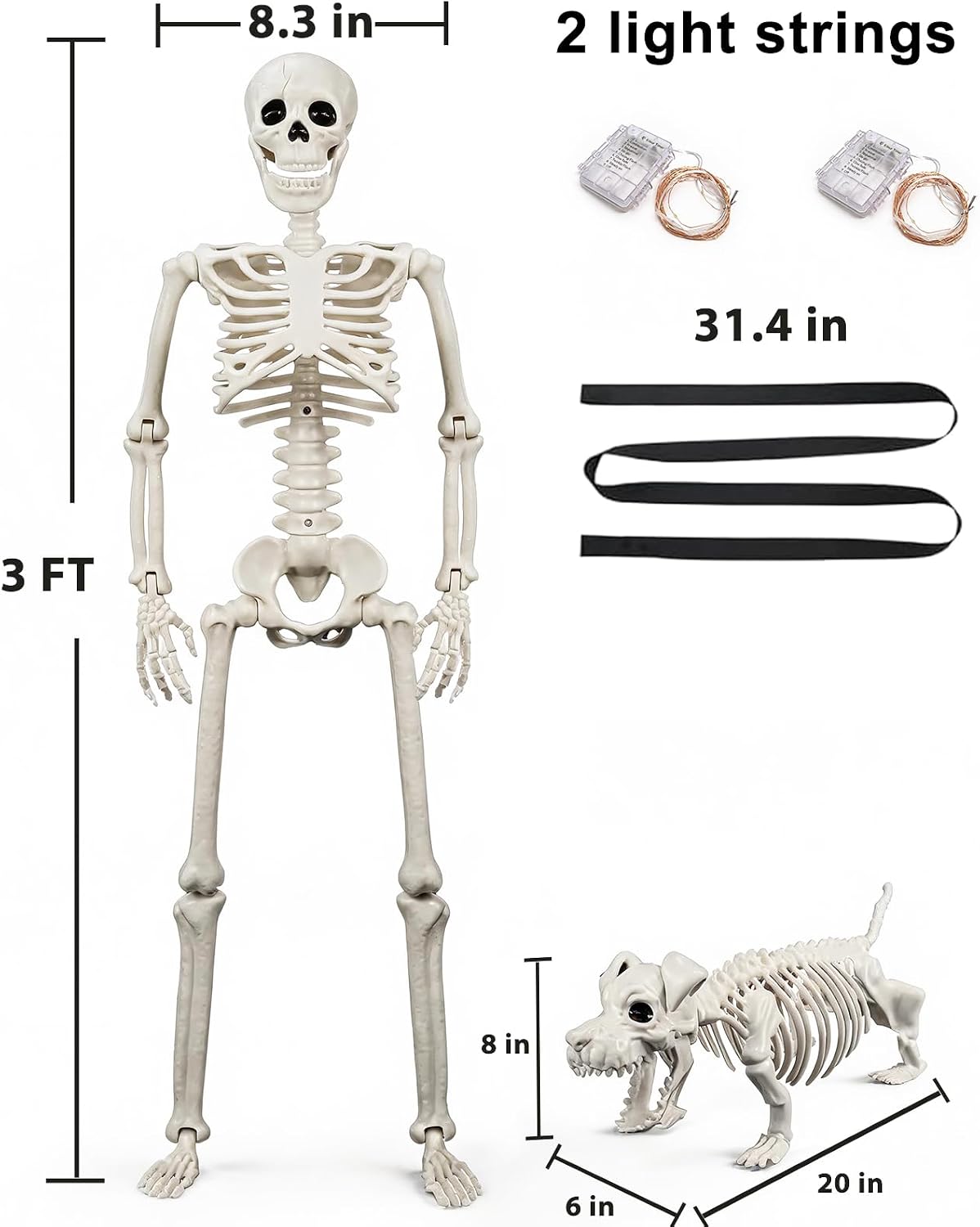 Detalle 1 de UZYZMS Skeleton-Human-Dog Lighted Halloween Skeleton Set with 2 Light Strings