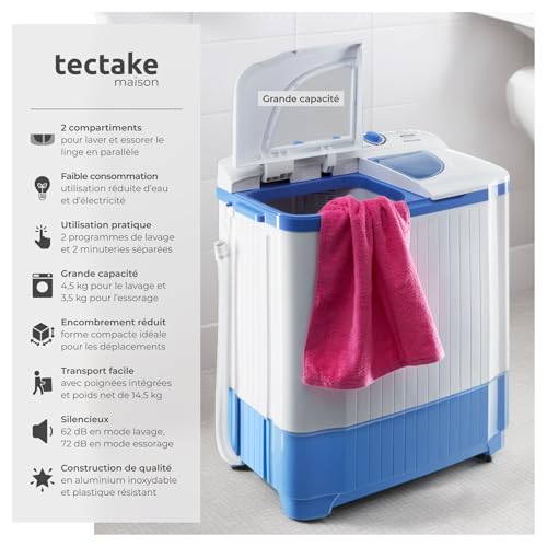 Detalle de tectake Mini Machine à laver Portable 2 en 1: lavage et essorage compact pour étudiant et voyage