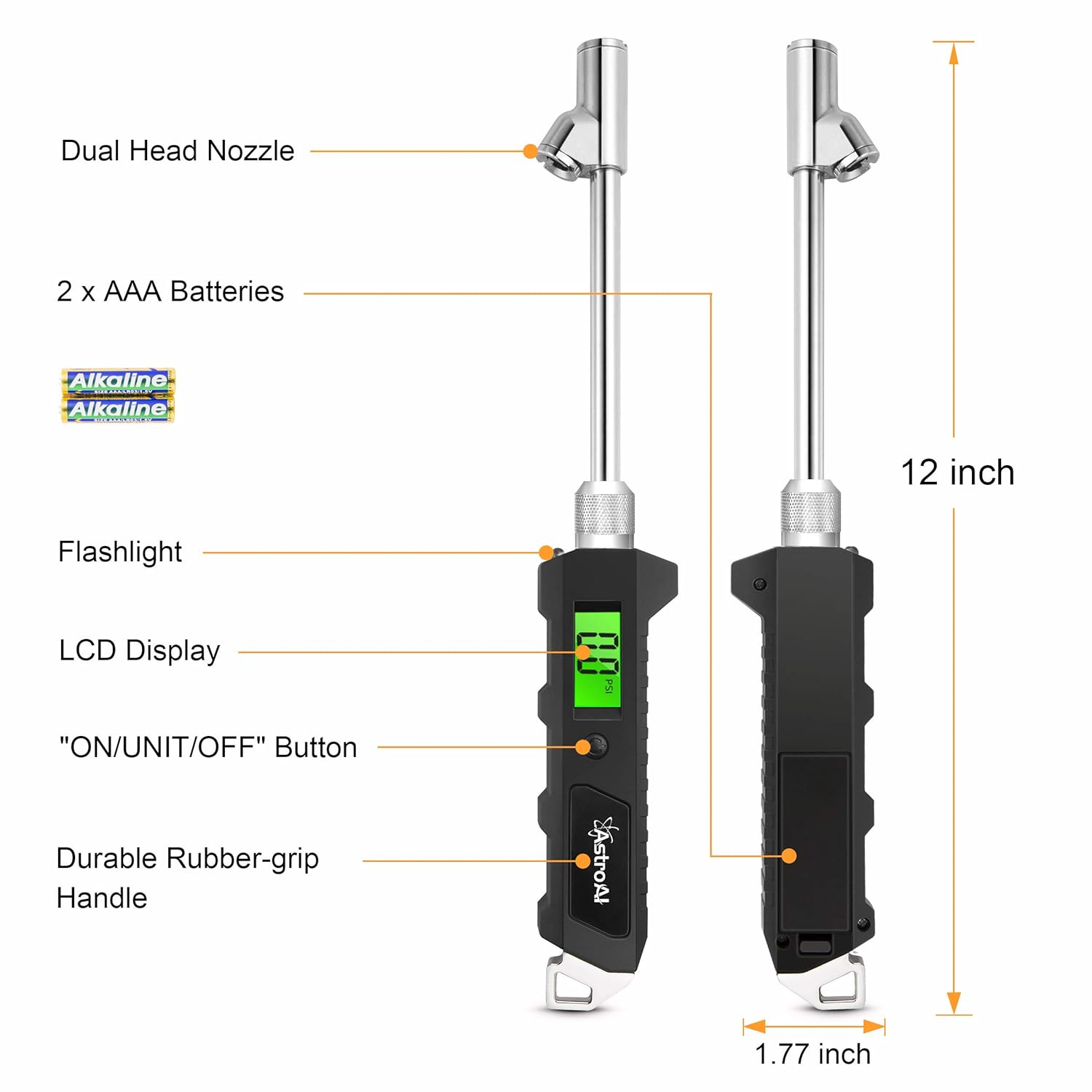 Thumbnail 1 de AstroAI Manomètre numérique de pression des pneus 0-16 bar avec affichage LCD (voitures, camions, caravanes) – noir