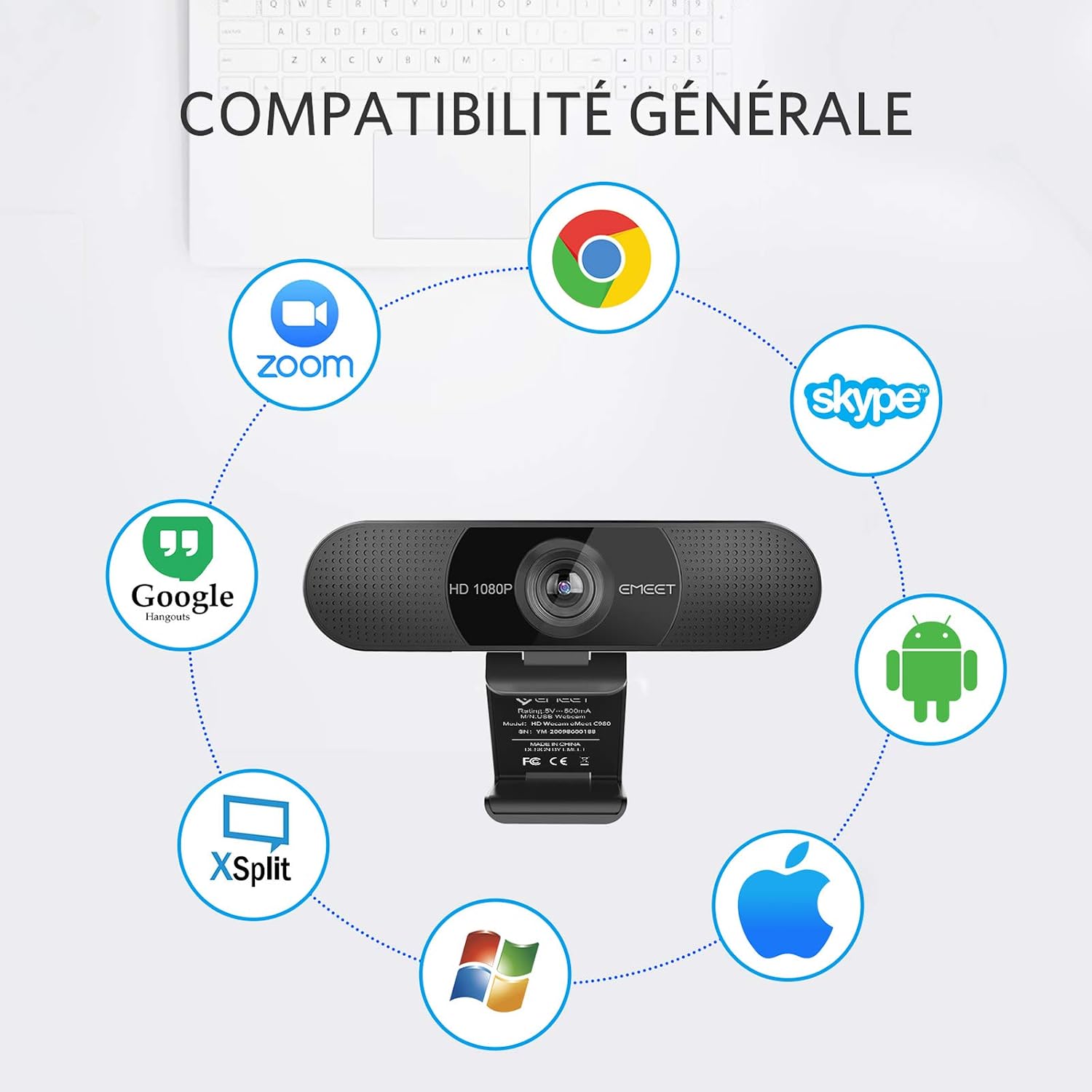 Detalle 2 de eMeet Webcam 1080P C960 : Web Cam Full HD avec double microphone et grand angle 90°