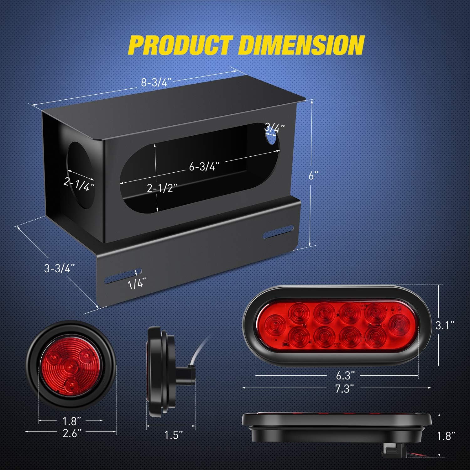Thumbnail 1 de Nilight 2PCS Steel Trailer Light Boxes Housing Kit with 6" Oval Red LED Tail Lights and 2" Round Red LED Side Markers