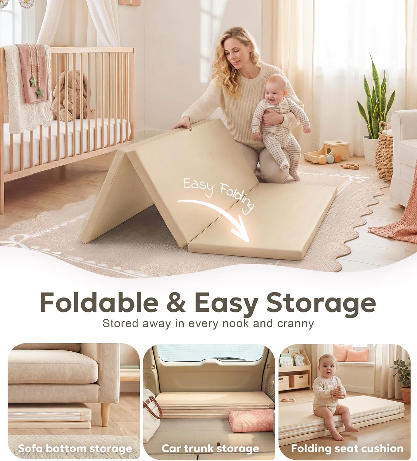 Detalle 2 de Mallify Tri-Fold PU Leather Baby Play Mat, 50" x 50", 1.3-Inch Thick