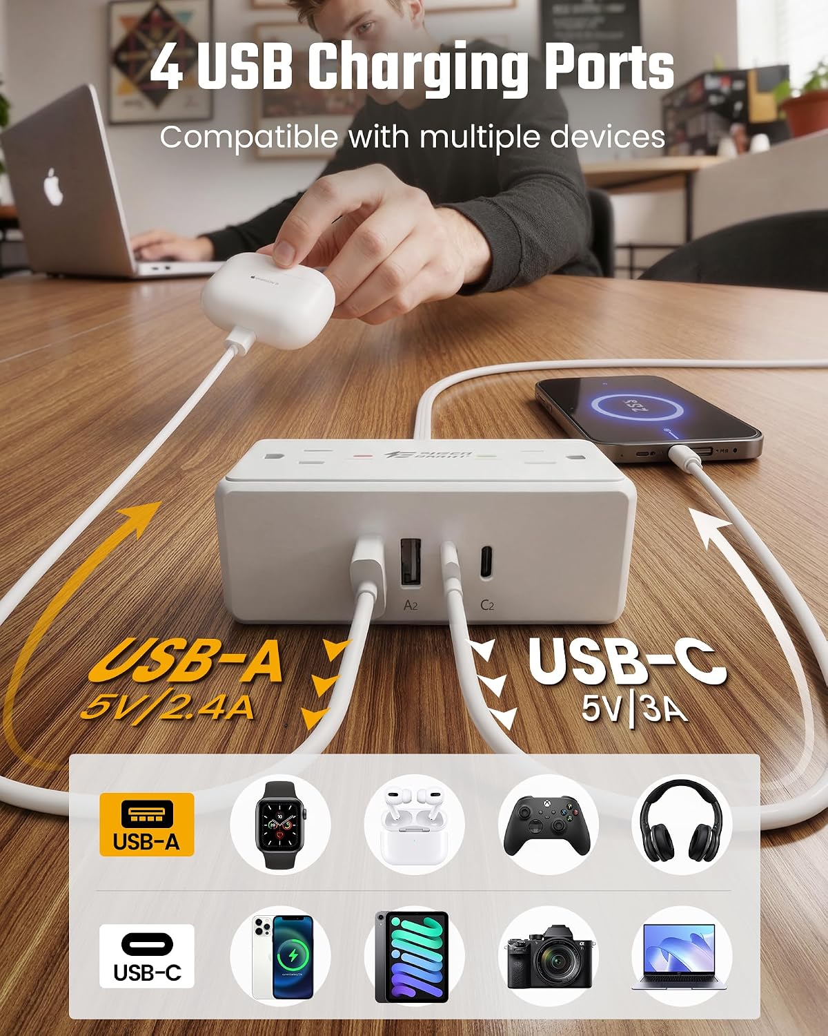 Detalle 1 de SUPERDANNY SDCP09 Power Strip with 4 AC Outlets, 4 USB Ports and 3-Ft Cord