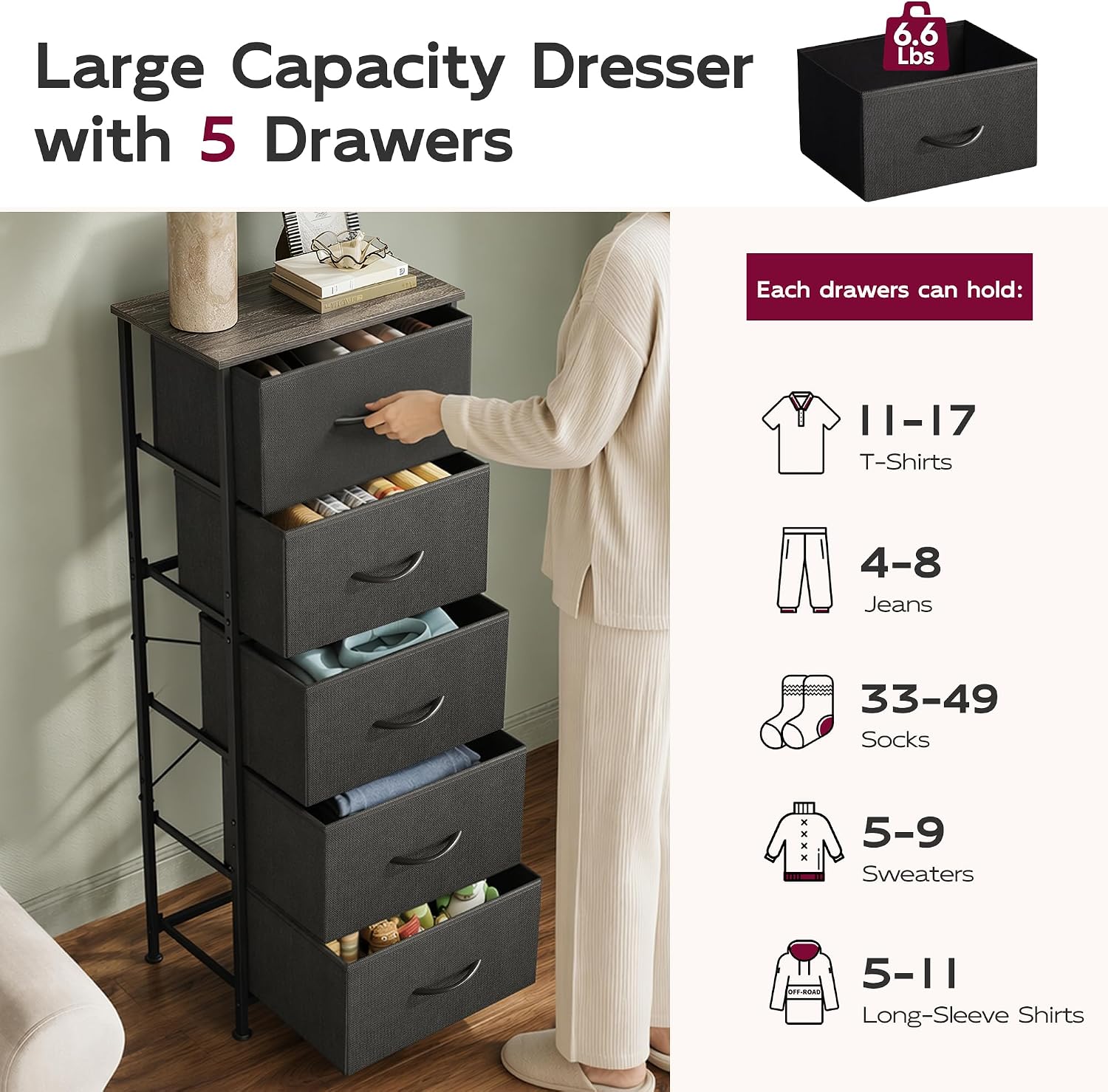 Thumbnail 5 de WLIVE Fabric Dresser 5-Drawer 47.5" Tall