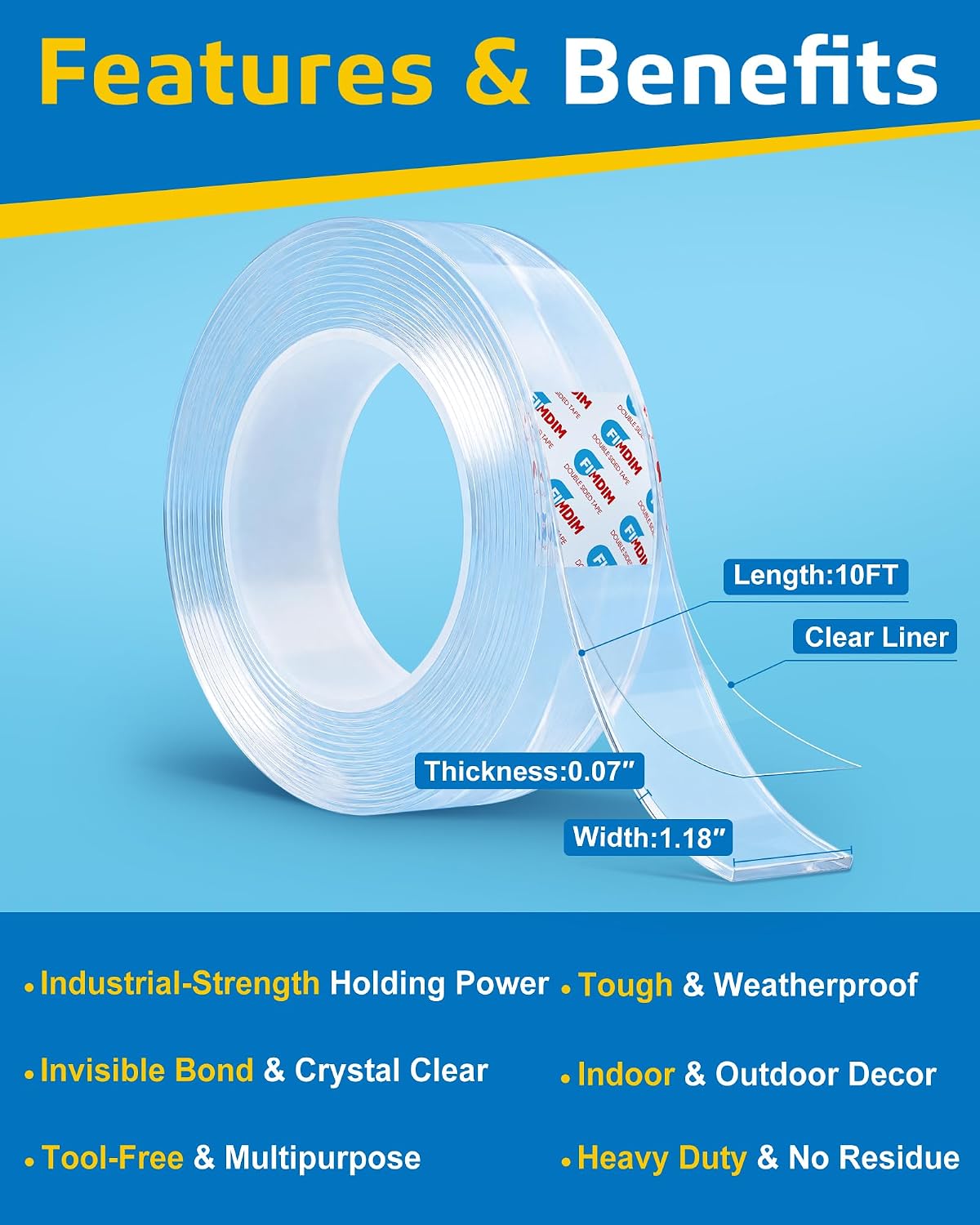 Detalle 2 de FIMDIM 10FT Double-Sided Nano Mounting Tape, Clear Acrylic, Heavy-Duty