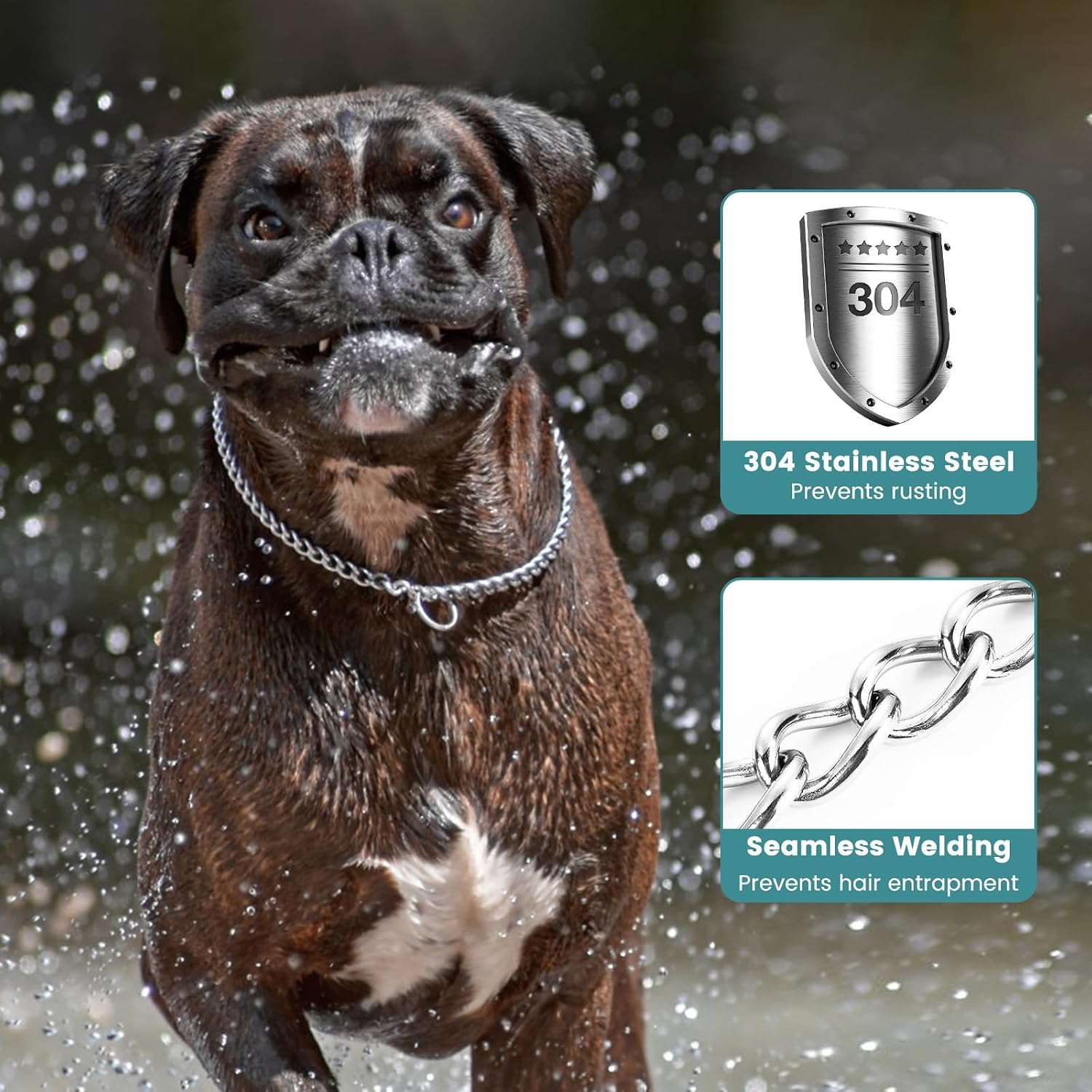 Detalle 2 de PETTOM Dog Chain Collar Stainless Steel – Rust-Proof, Seamlessly Welded and Hair-Friendly for Training and Walking (M, 55cm)