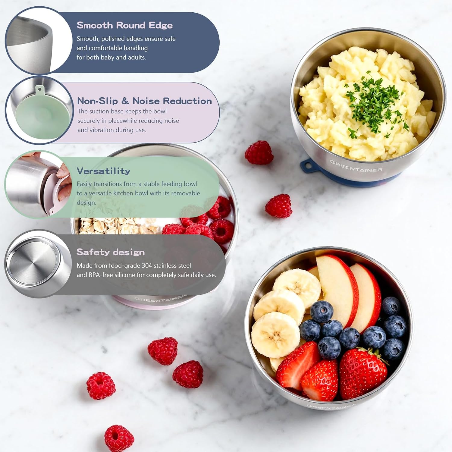 Detalle de Greentainer T0801-MIX Stainless Steel Baby Bowls with Silicone Suction Bases