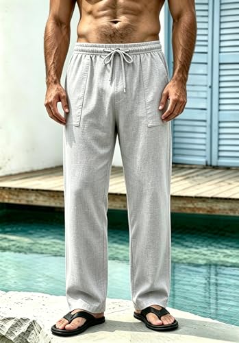 Thumbnail 2 de Cegerne Pantaloni in Lino Uomo Lunghi Leggeri – Vita elastica e Coulisse, Grigio, L