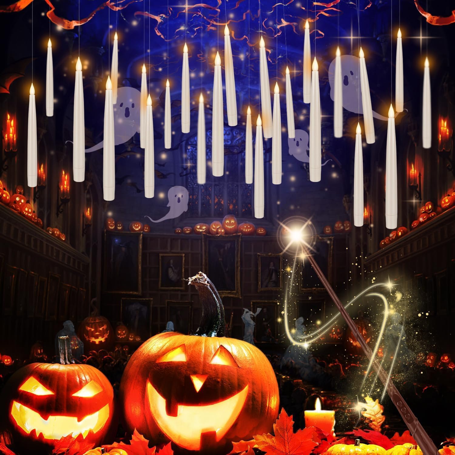 LIVEN 24 Pcs Halloween LED Magic Hanging Floating Candles – Ensemble féerique avec 2 baguettes magiques
