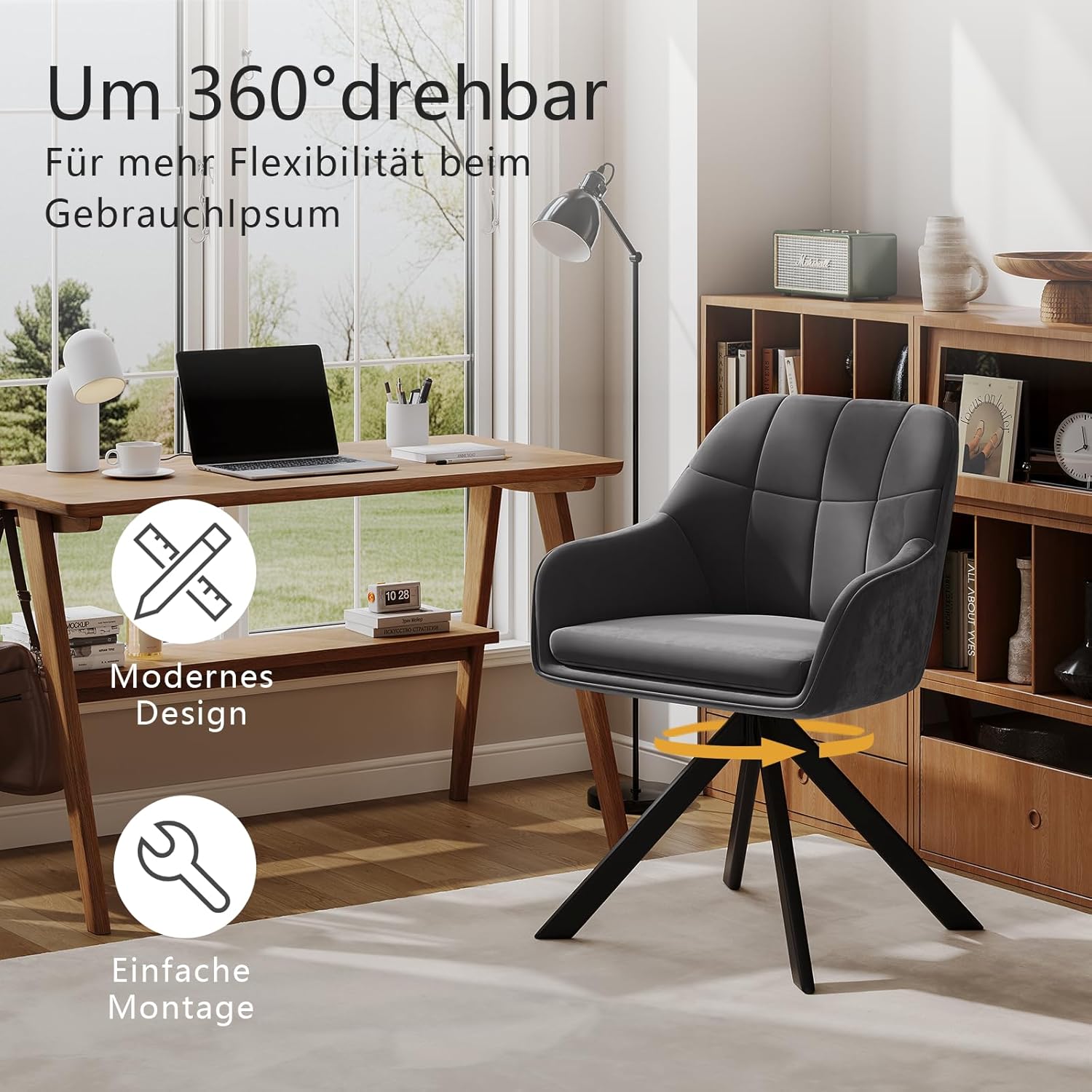 Detalle 2 de Goeurvant Esszimmerstühle drehbar 4er-Set Grau – Armlehnen(Stuhl) mit Samtbezug und Metallbeinen