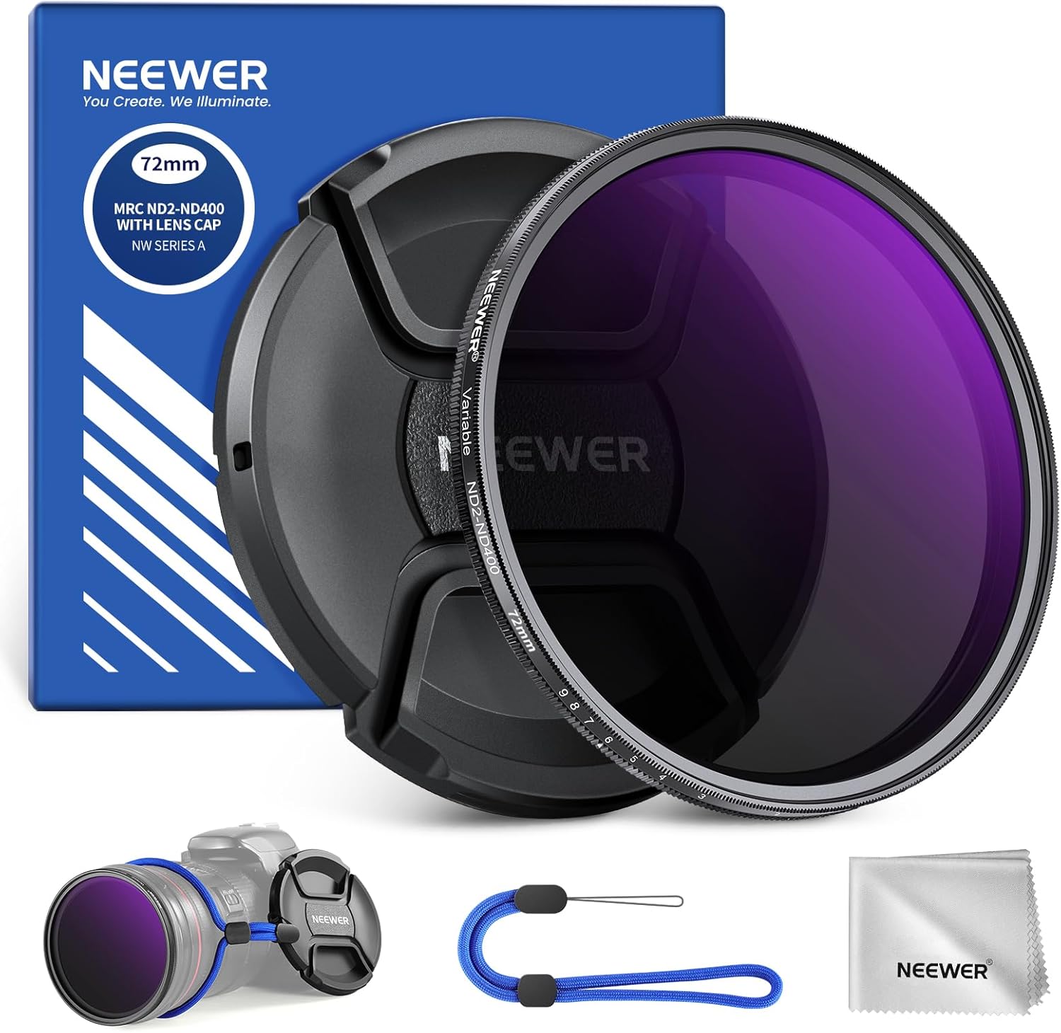 Detalle de NEEWER 72mm ND2-400 Variabler ND-Filter – Präzises Einstellrad, 1–9 Blendenstufen, inklusive Frontdeckel und Reinigungstuch