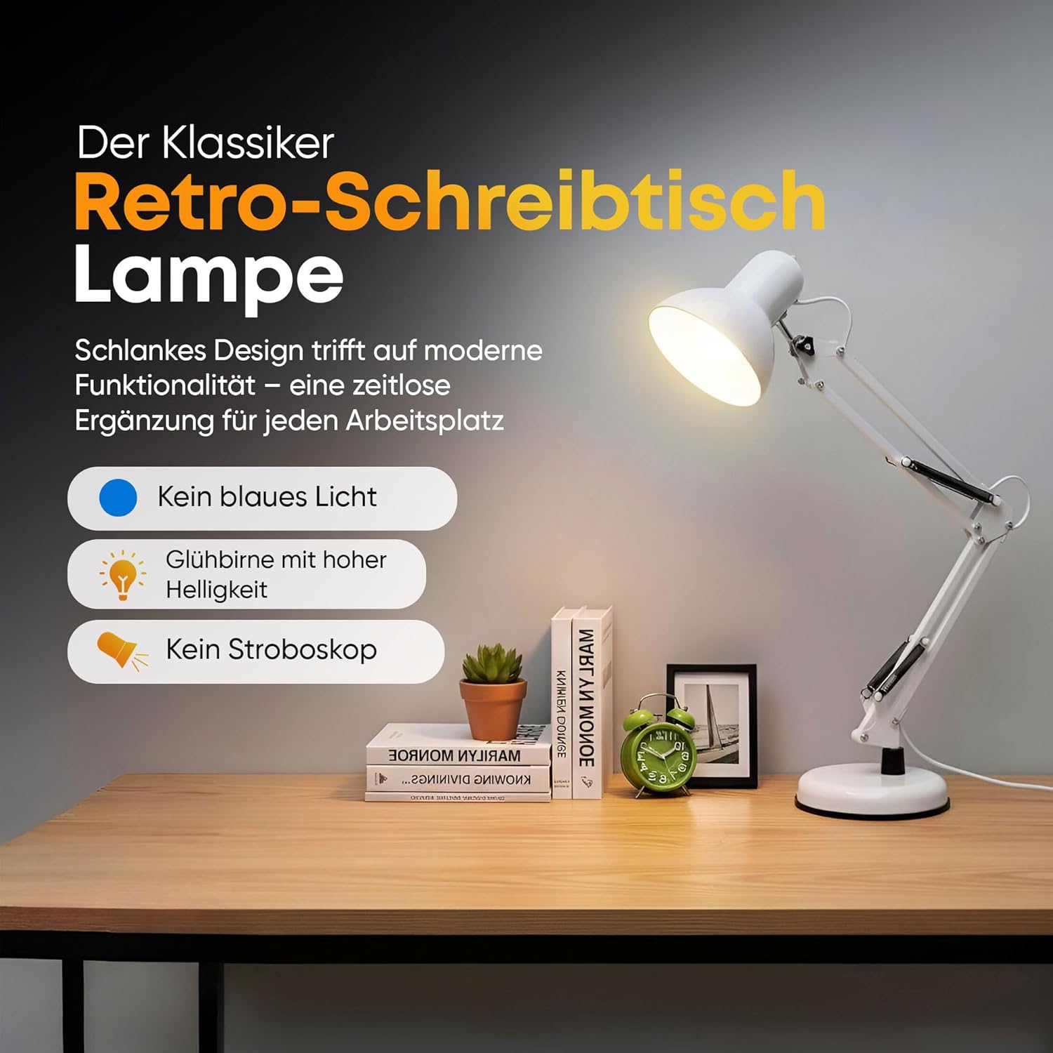 Thumbnail 1 de GOODS+GADGETS Retro Arbeitsplatzlampe – Leselampe mit Gelenk-Arm aus Metall, LED inklusive, Weiß
