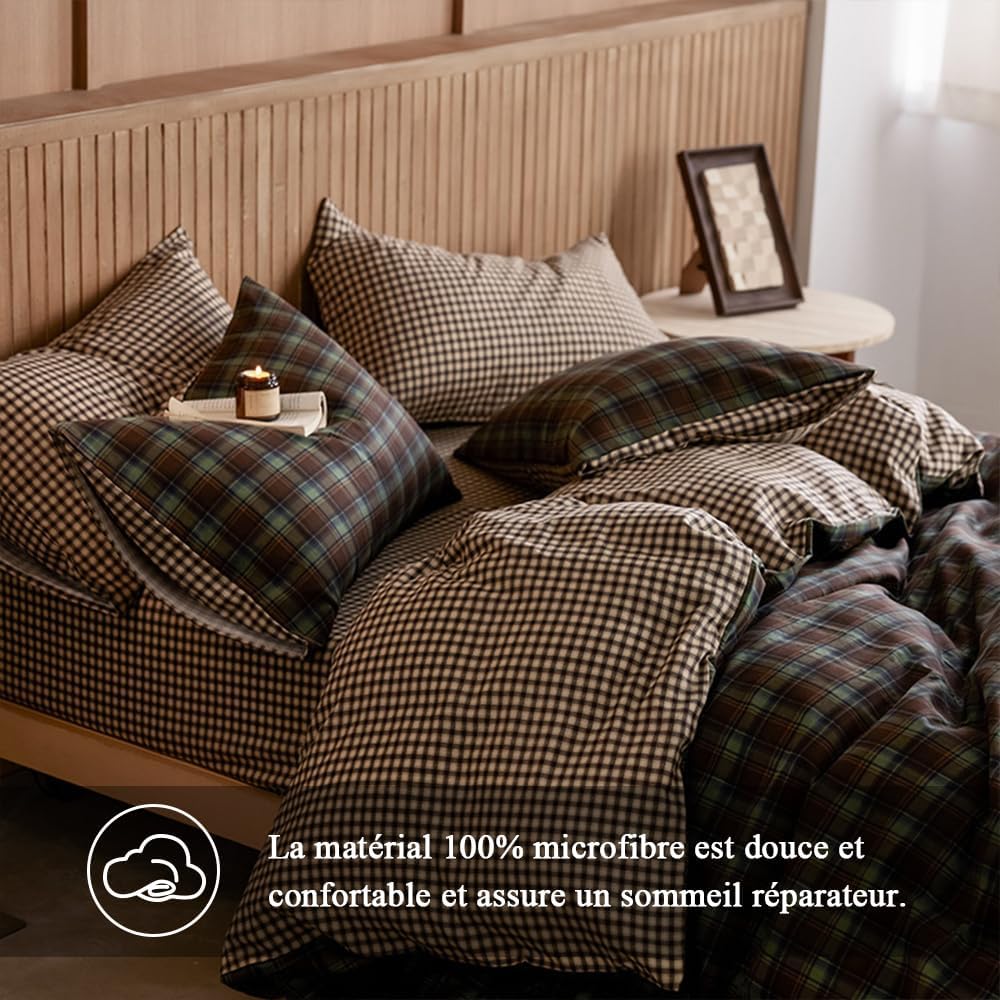 Detalle de Freyamy Housse de Couette 200x200 cm à Carreaux Vichy Vert Marron - Ensemble 2 pièces en Microfibre