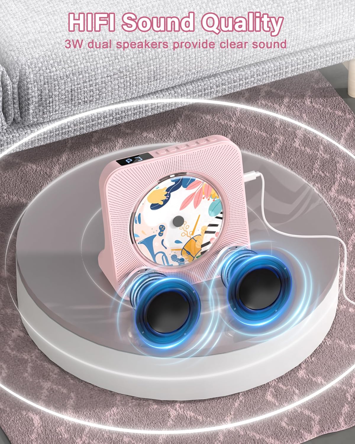 Thumbnail 5 de Greadio Portable CD Player with Bluetooth 5.0, FM Radio, AUX & USB (Pink)