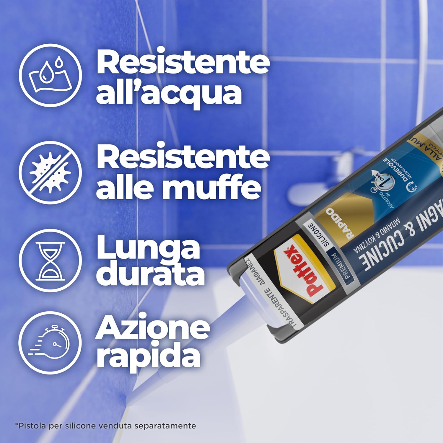 Thumbnail 2 de Pattex Bagni&Cucine Rapido Trasparente: sigillante silicone antimuffa, asciugatura rapida (300 ml)
