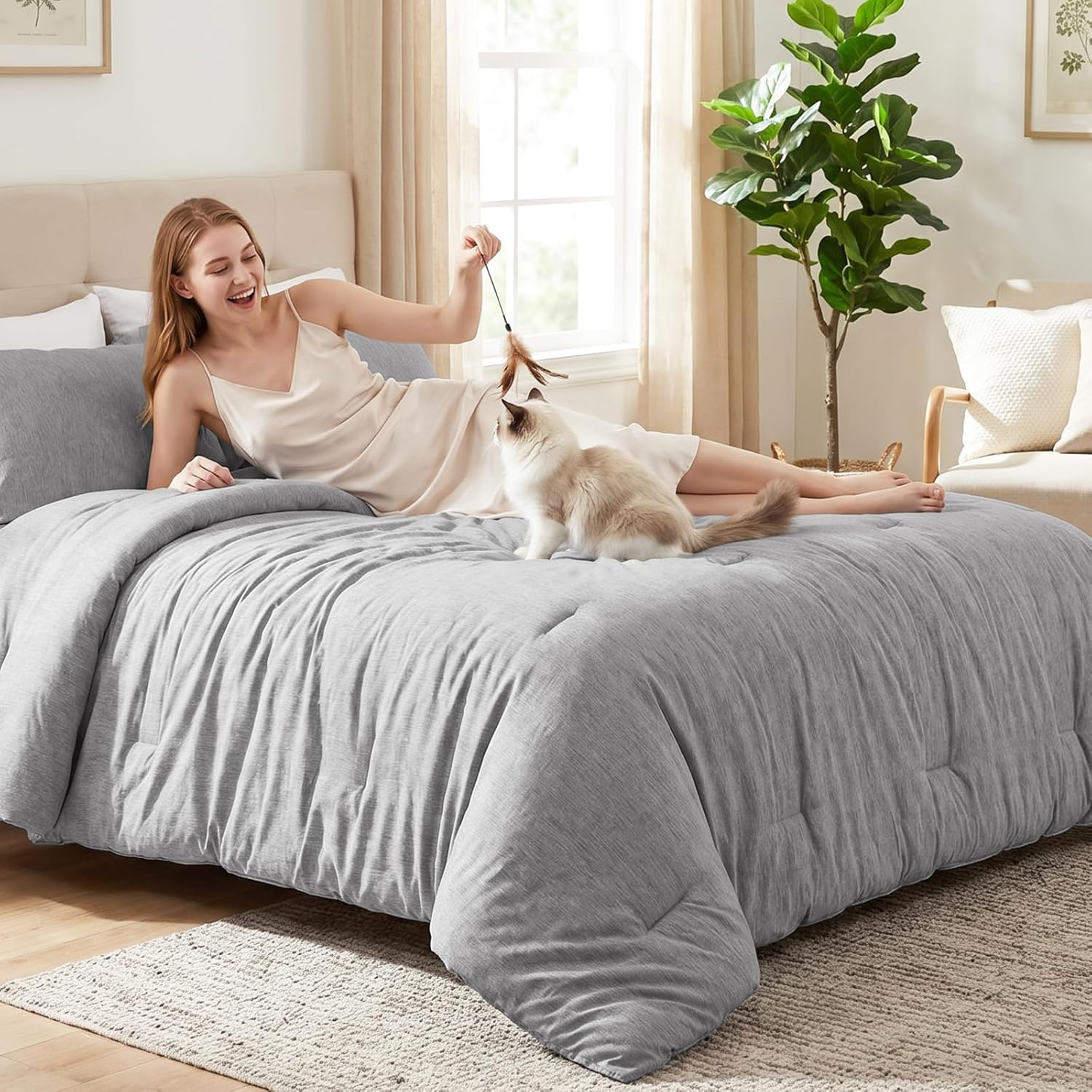Thumbnail 6 de CozyLux Queen Comforter Set (3-Piece) in Light Gray, Double-Brushed Microfiber Cationic Dyeing