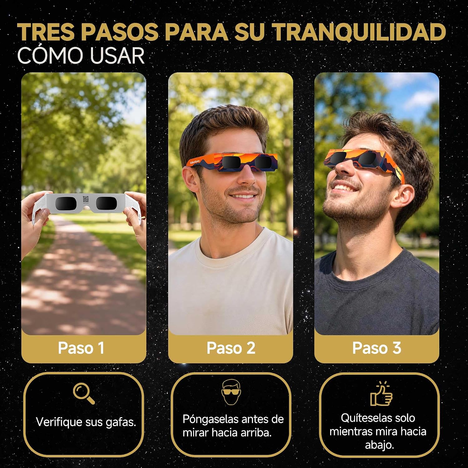 Detalle de Gafas Eclipse Specs: Pack de 3/5/10/25 gafas para observación solar con certificación ISO 12312-2 y CE