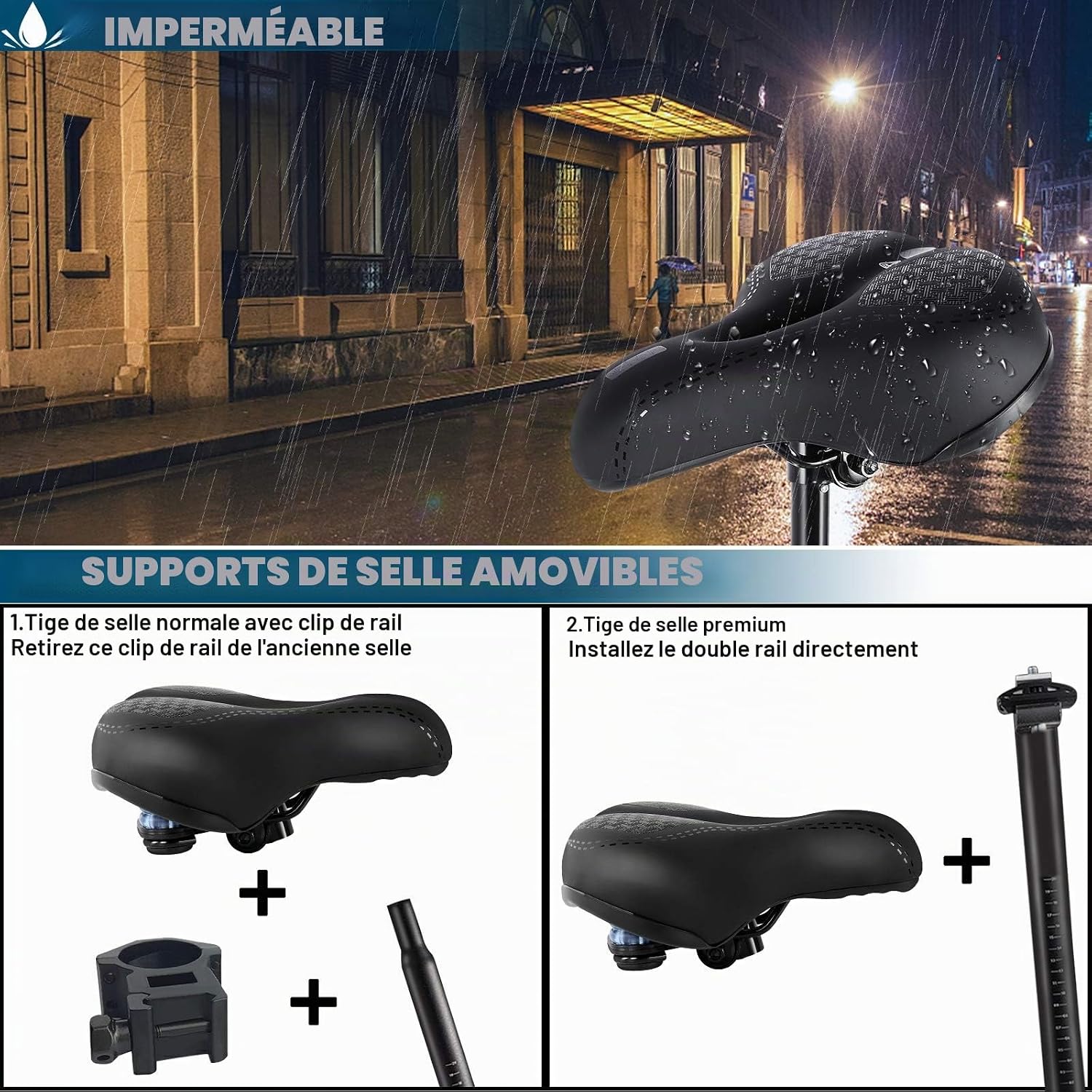 Detalle de Selle de vélo surdimensionnée en mousse à mémoire de forme avec absorption double-ressorts et surface imperméable