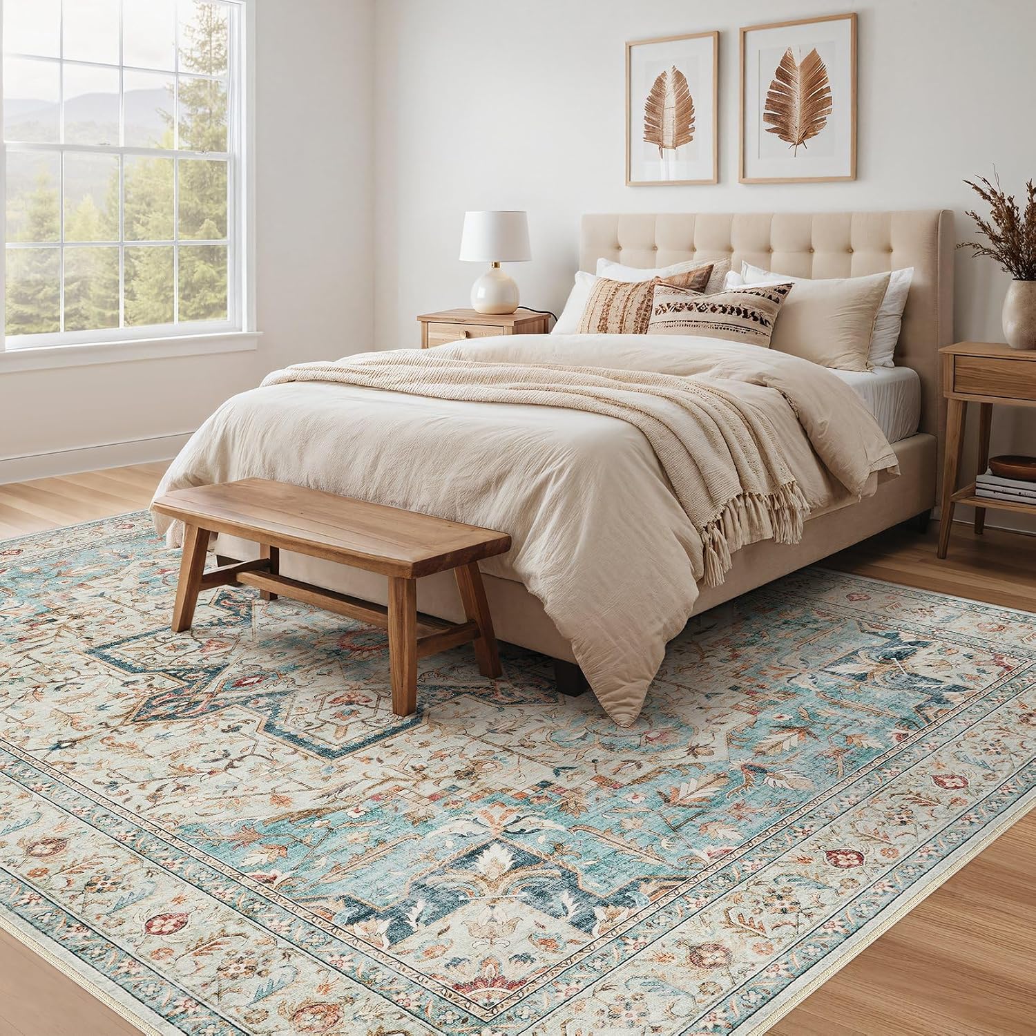 Detalle 2 de Tortania Area Rug Living Room Rugs 10x14 Washable Boho Rug (Cream Blue)
