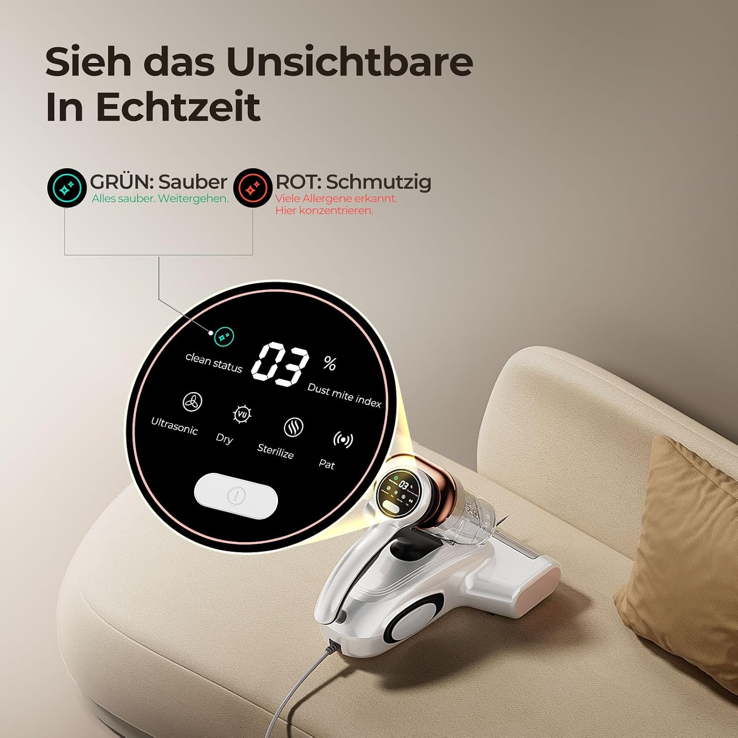 Detalle de JIGOO J300 Milbensauger mit Staubmilben-Sensor – effektive Matratzenreinigung inkl. UV-Licht