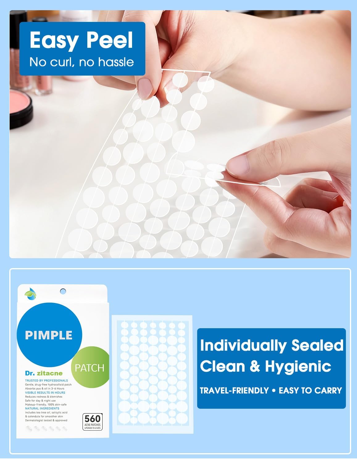 Detalle de Dr. Zitacne 560 Hydrocolloid Pimple Patches, 6 Sizes with Tea Tree Oil