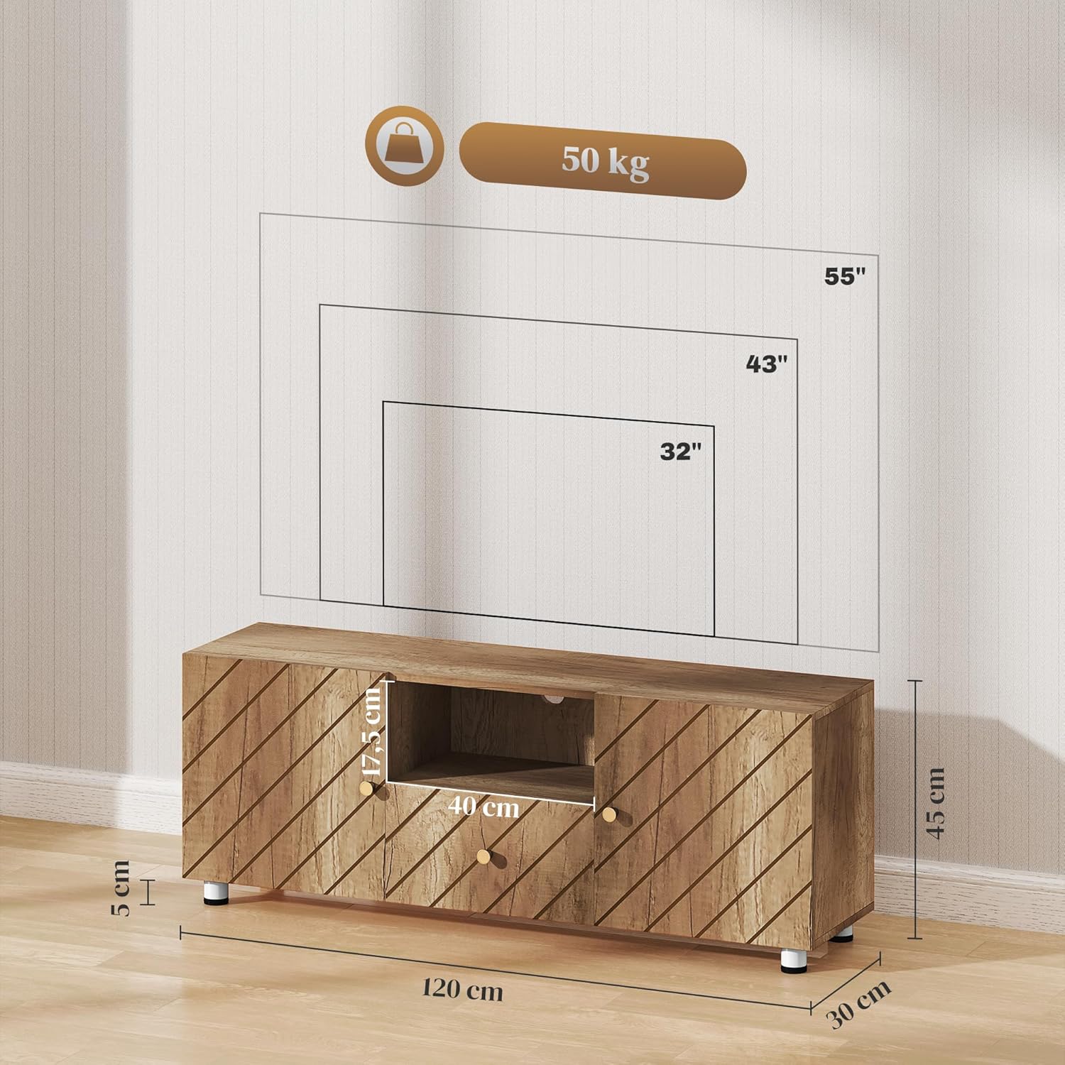 Thumbnail 6 de HOMCOM Meuble TV en Bois Naturel – Banc TV 120 x 30 x 45 cm, jusqu’à 50 pouces, 2 armoires, compartiment ouvert et tiroir