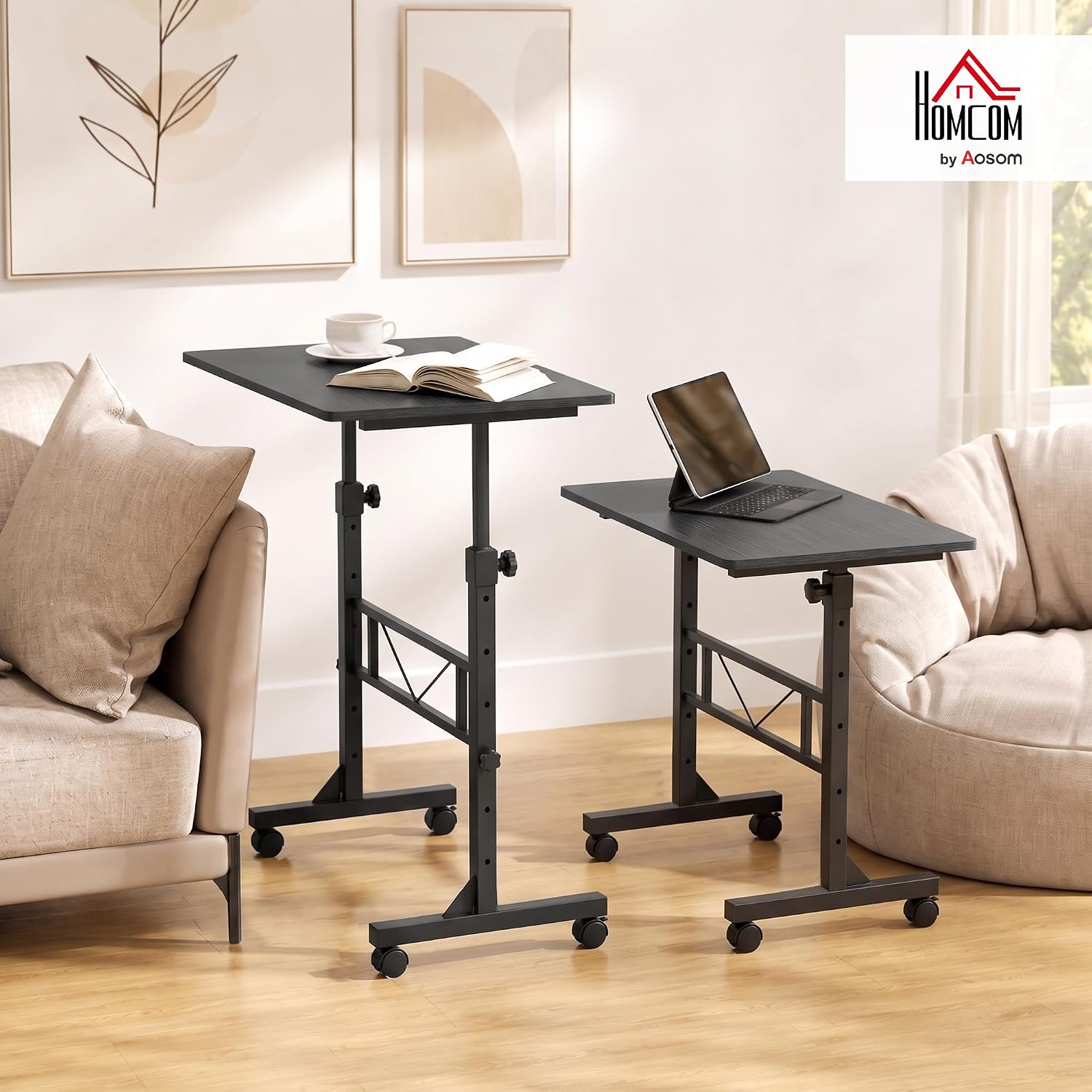 Detalle 2 de HOMCOM 838-634V00BK Overbed Table, Adjustable Height, Wheeled, 80 x 40 cm