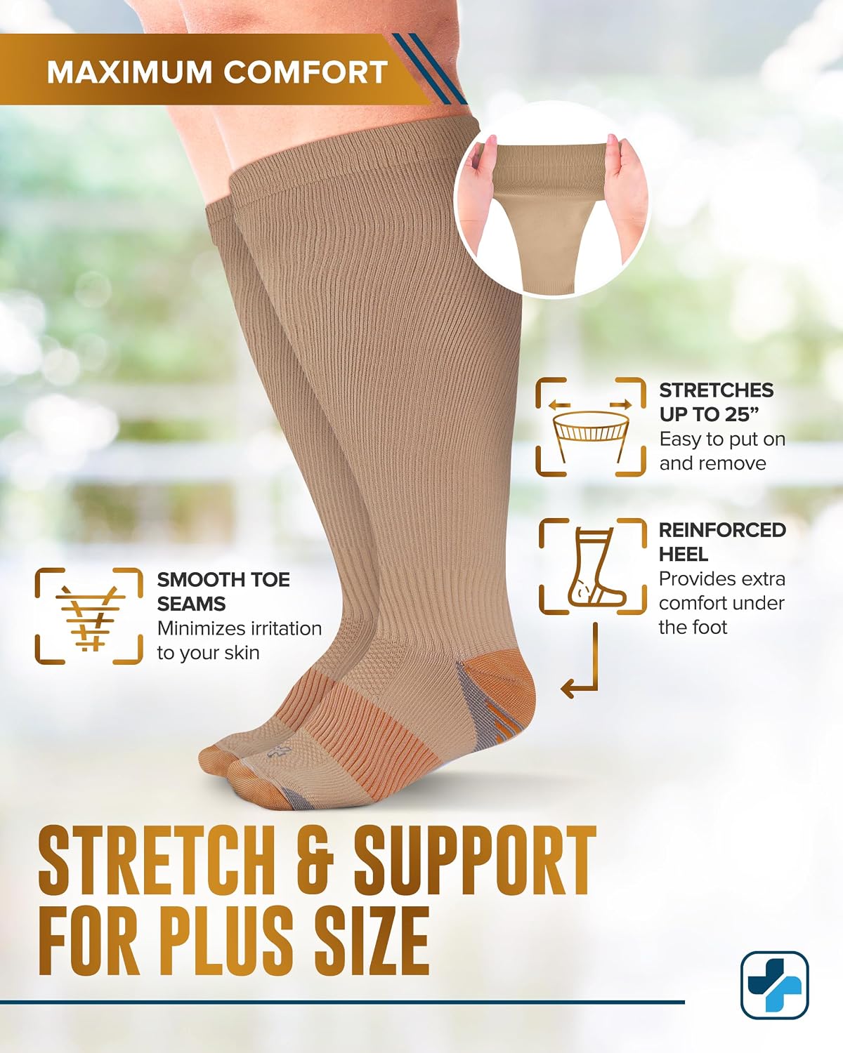 Detalle de Doctor's Select Copper Plus Size Compression Socks Wide Calf (2 Pairs) – 20-30 mmHg, Tan, Extra Wide Calf