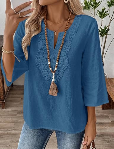 Thumbnail 5 de Rapbin Womens Tops 3/4 Sleeve Cotton Linen V Neck Boho Lace Casual Blouses