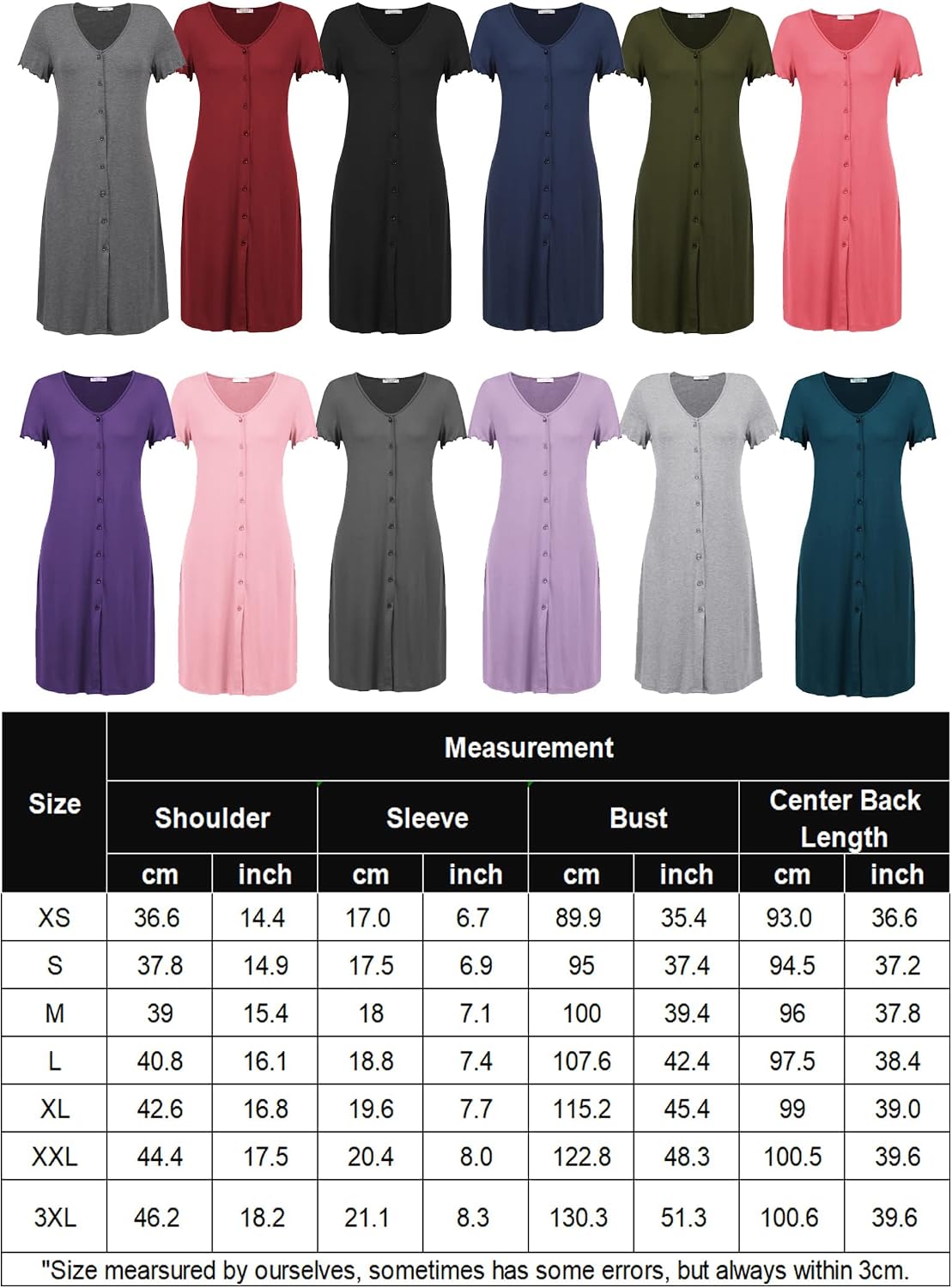 Detalle 2 de Ekouaer Women's Button-Down Nightshirt, Short-Sleeve V-Neck Sleep Dress