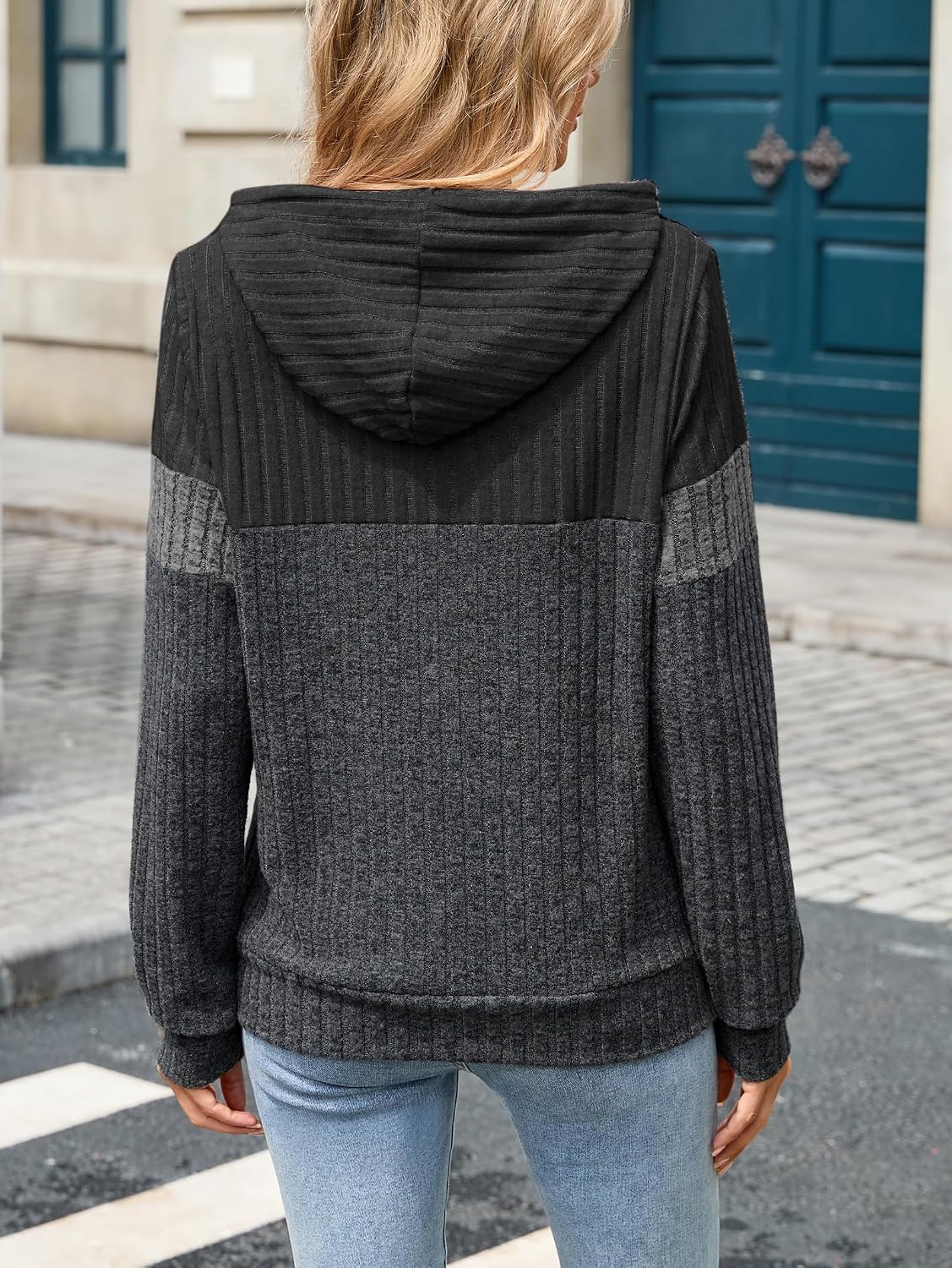 Detalle de Famulily Knit Hoodie for Women UK – Colour Block Ribbed Jumper with Pocket
