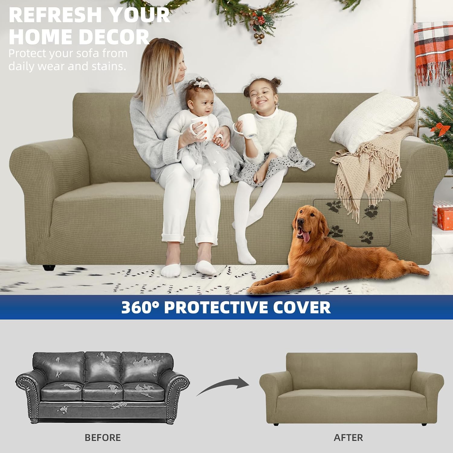 Detalle de Ystyle housse de canapé extensible 4 places avec accoudoirs, antidérapante kaki