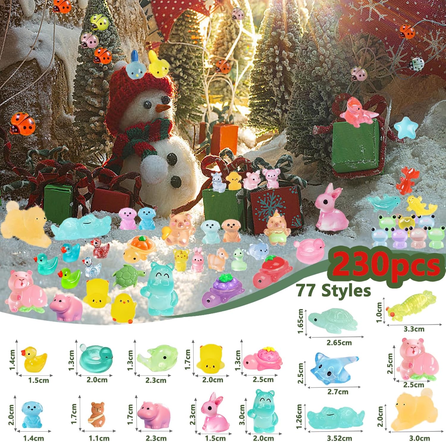 Detalle 2 de Blynmyr 230pcs Mini Resin Animals: 77 Styles of Glow-in-the-Dark Tiny Figures for Creative Displays