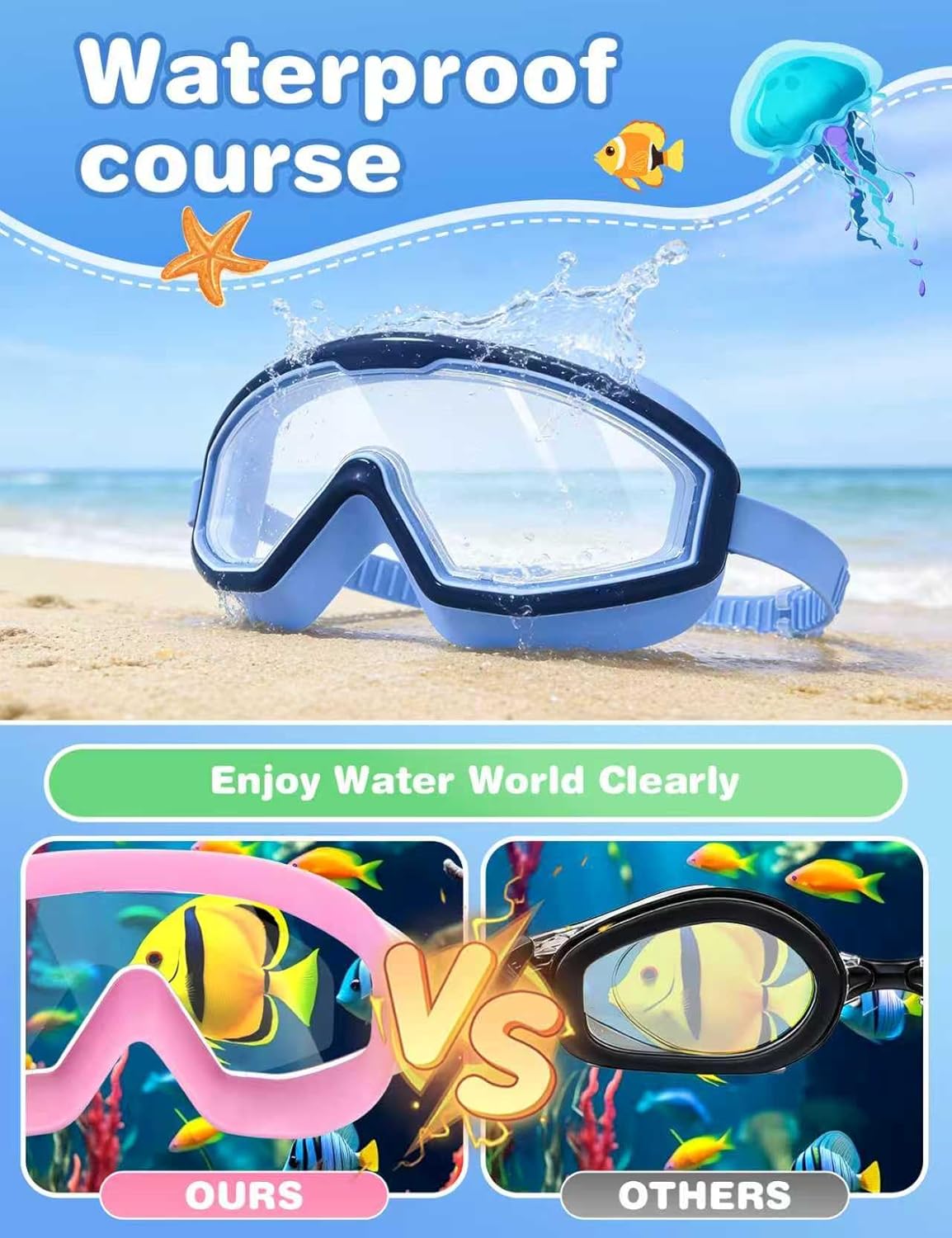 Detalle de FUSHI&MON Kids Swim Goggles (2 Pack) – Clear Vision, Soft Silicone Comfort and Leak-Proof Fit