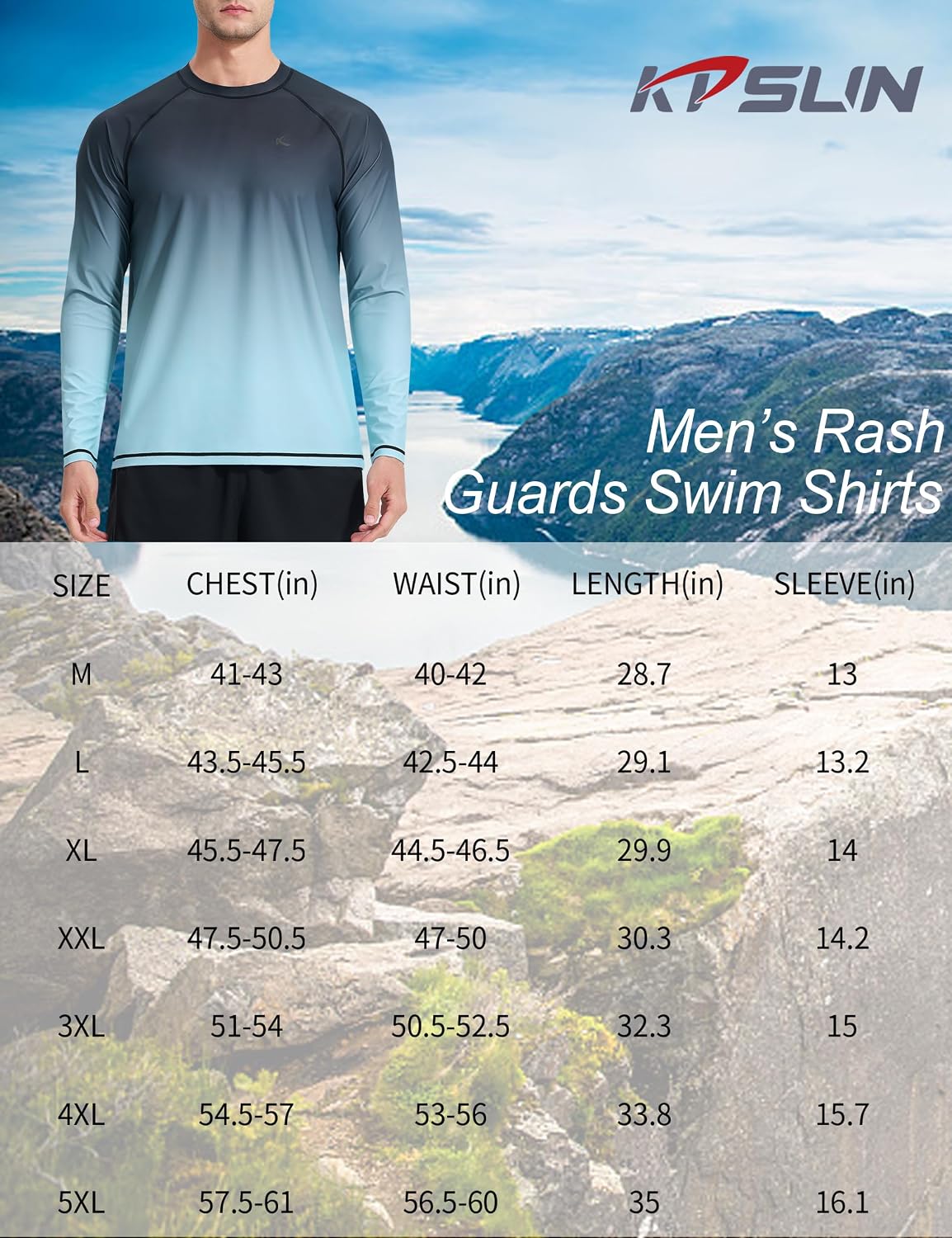 Detalle 2 de KPSUN Men's UPF 50+ Rash Guard Swim Shirt, Lightweight 4-Way Stretch